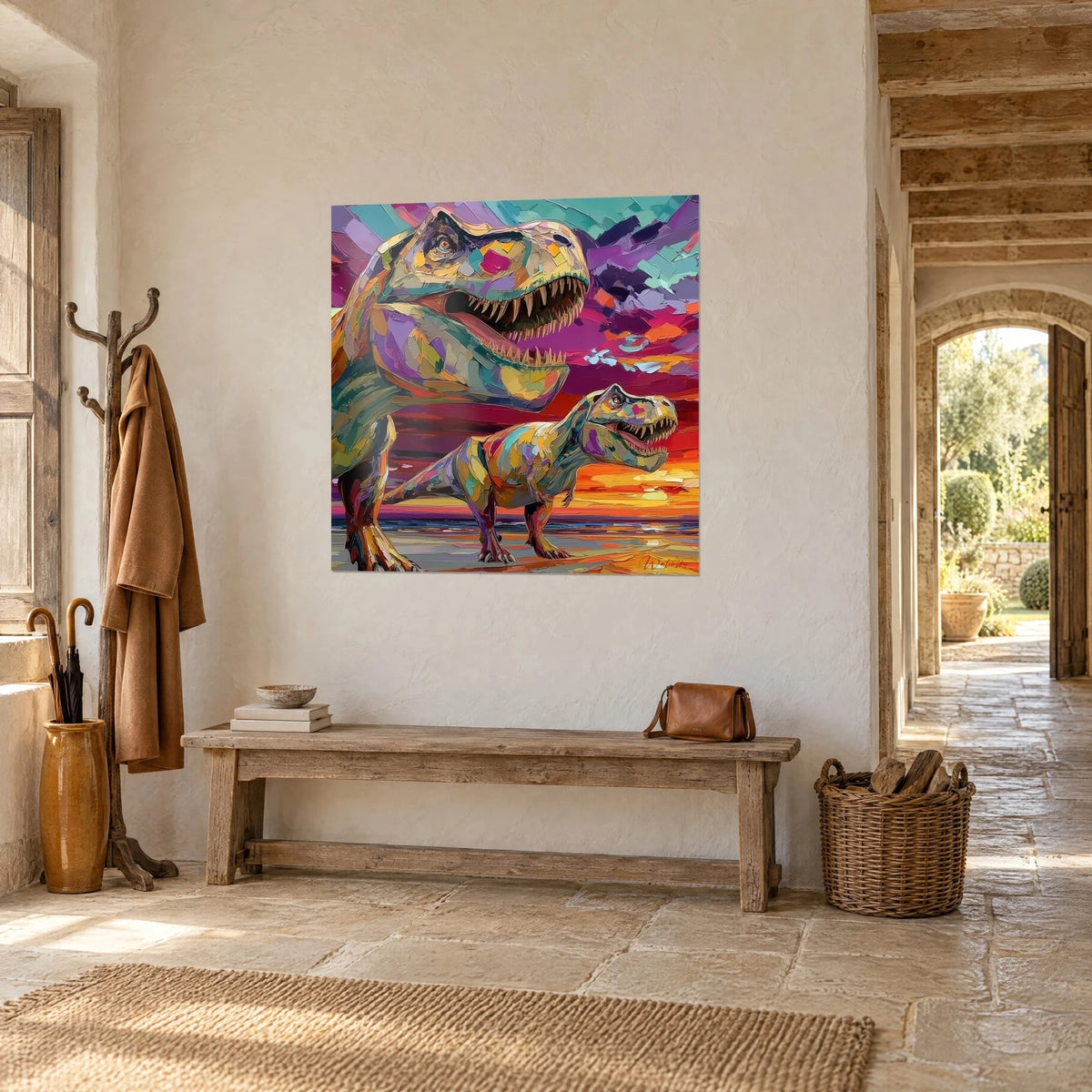 Tableau tyrannosaure et son petit sur une plage orange et magenta, empâtements épais, vu de trois quarts près d'une arche en pierre