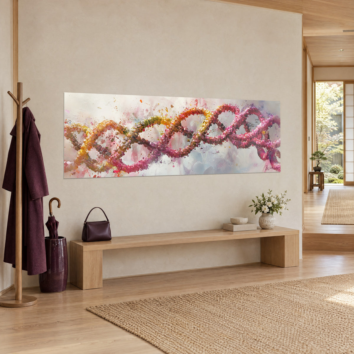 Cuadro espiral de ADN en piedras ocre y magenta sobre fondo blanco crema, vista de tres cuartos encima de un banco de madera clara