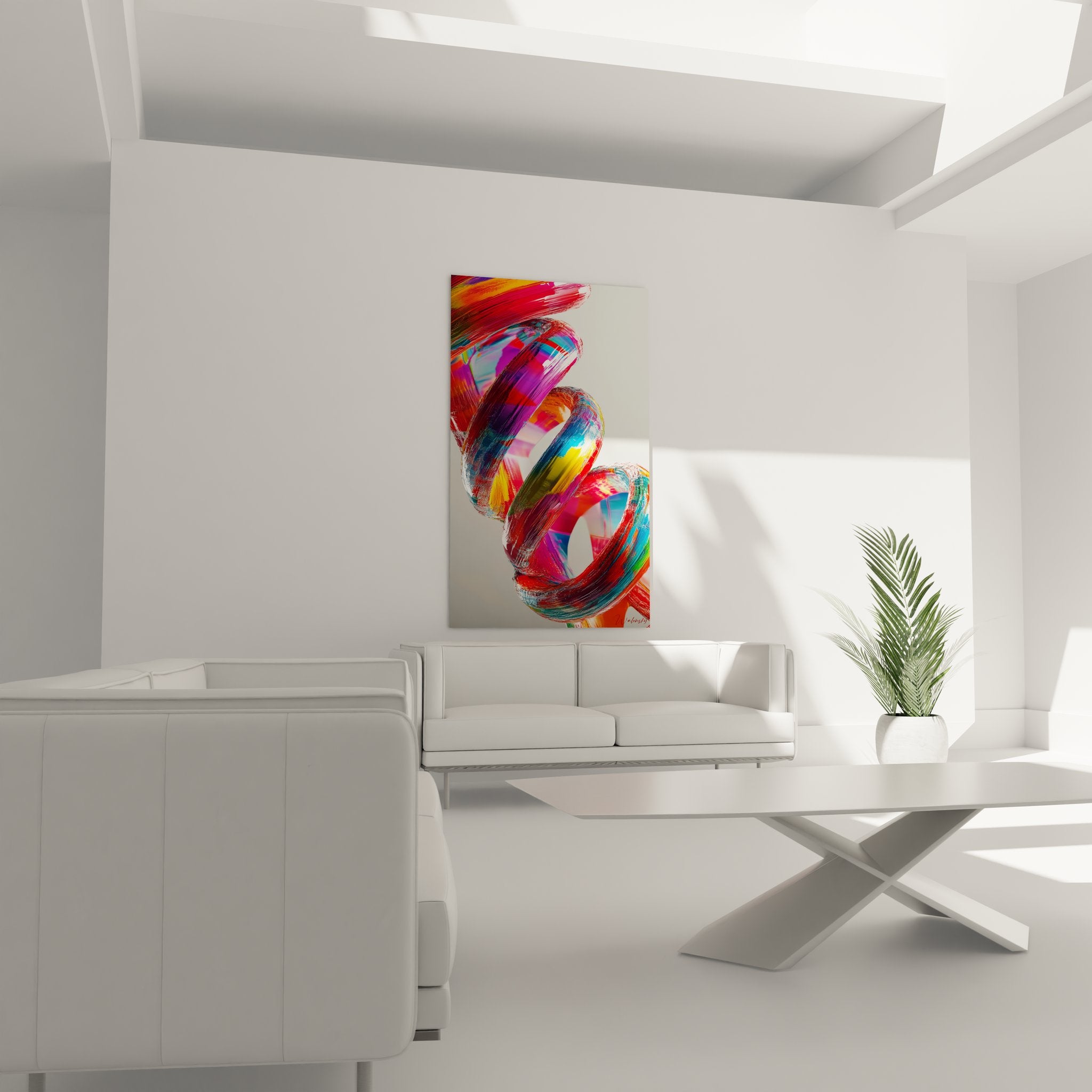 Gros plan détaillé du tableau hélix ADN montrant les nuances colorées et textures de la peinture abstraite