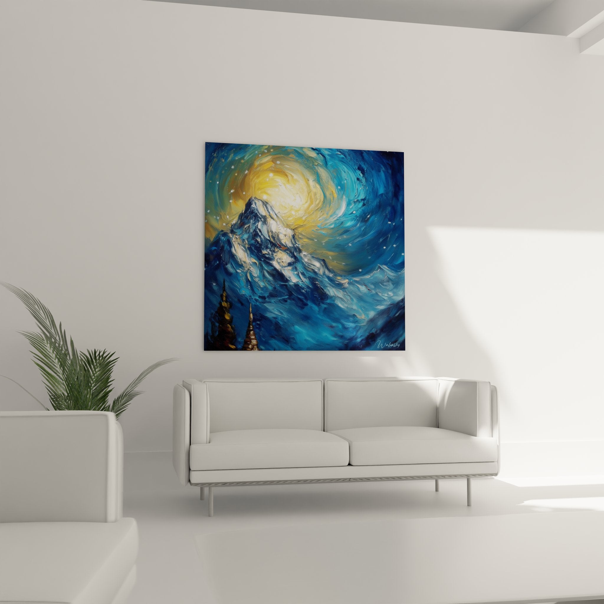 Gros plan texture peinture à l'huile montagne avec empâtements bleus dorés et détails pic rocheux