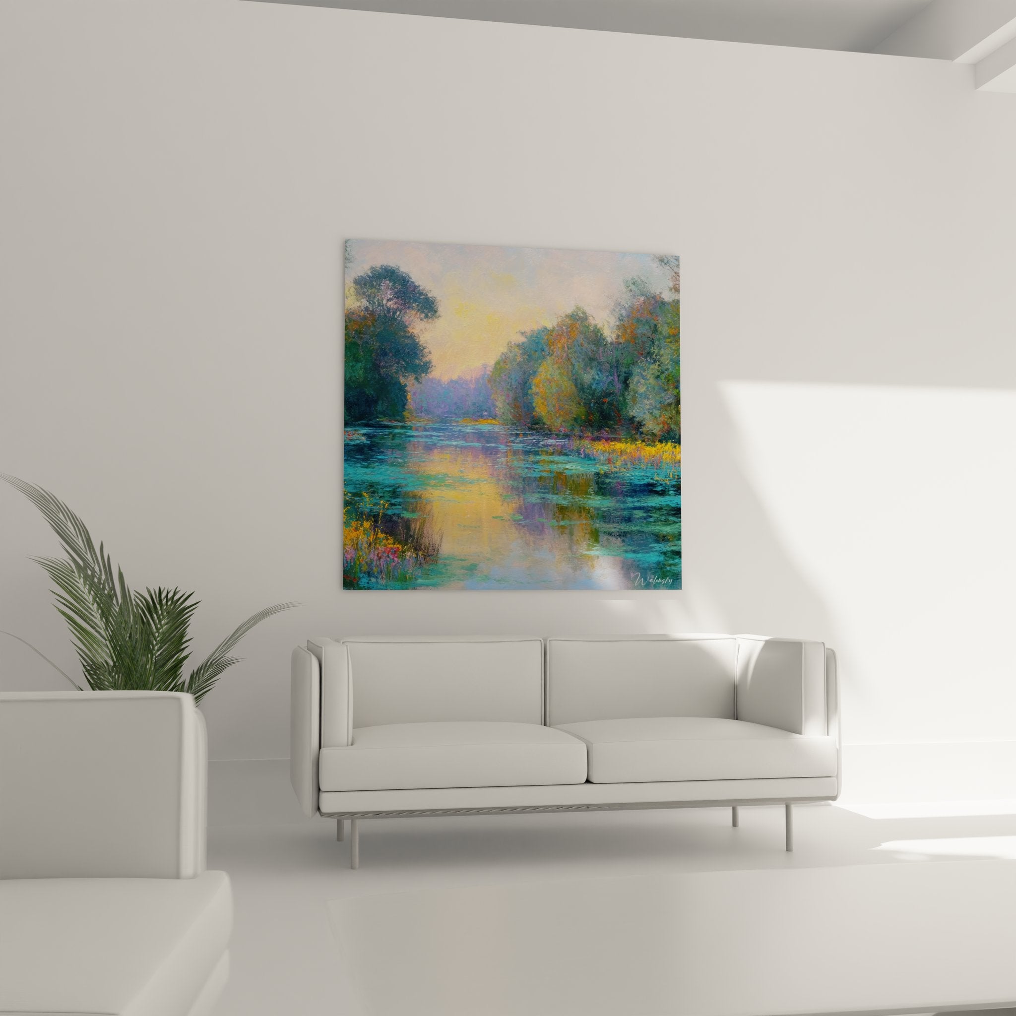 Gros plan détails peinture lac impressionniste touches pinceau reflets dorés technique artistique couleurs