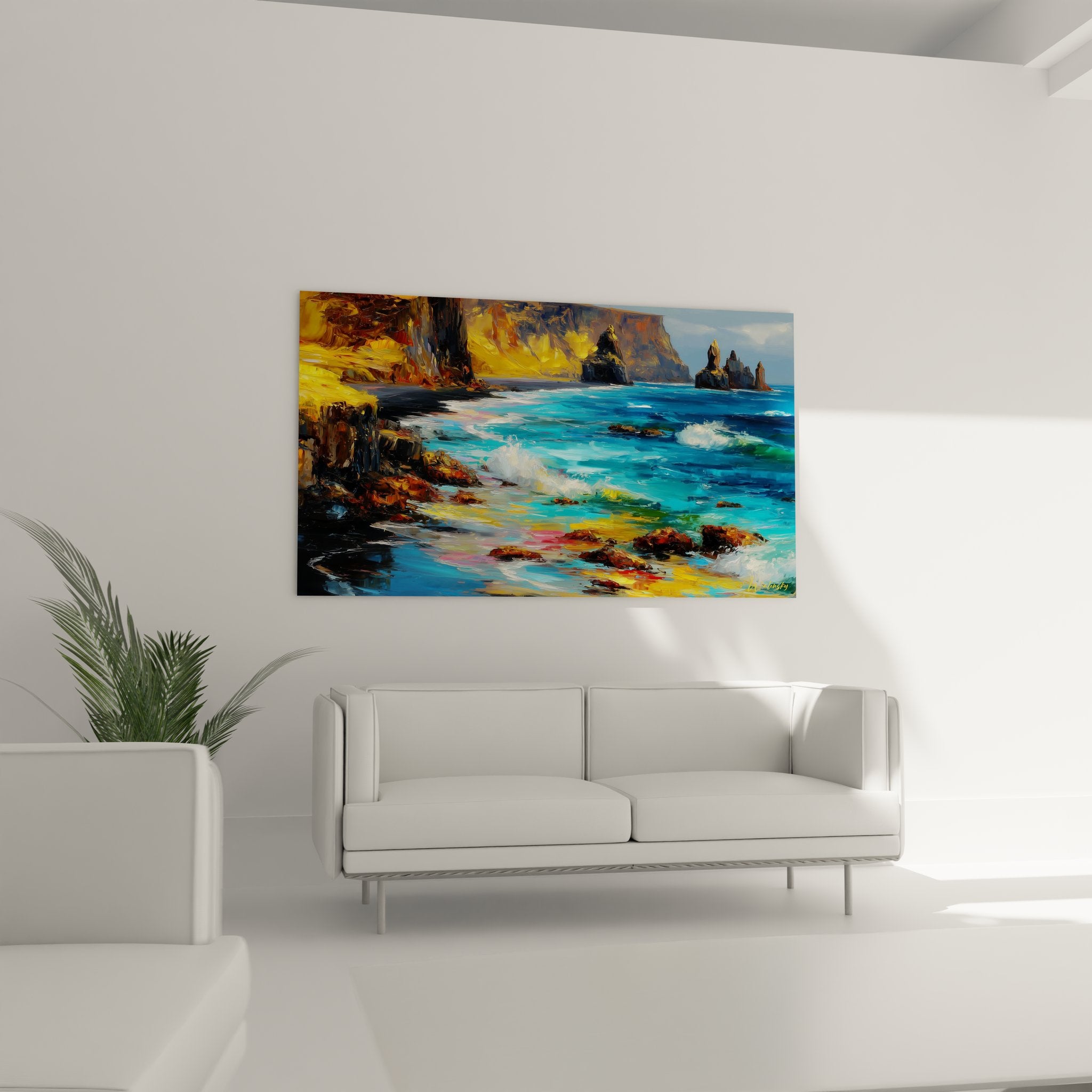 Détail gros plan tableau paysage côtier, technique picturale eaux turquoise et rochers, art mural marine