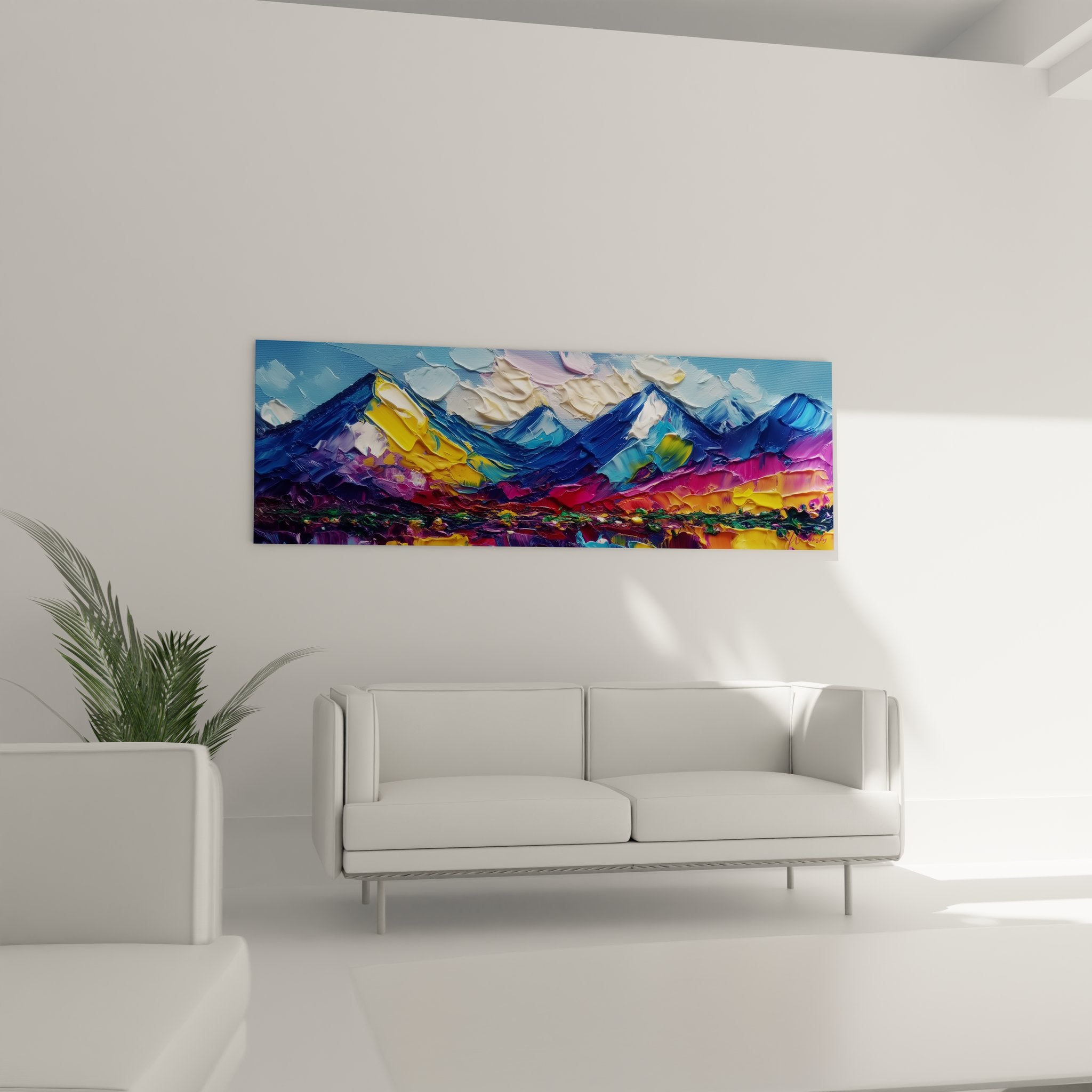 Nahaufnahme Textur farbenfrohe abstrakte Bergmalerei mit blauen violetten gelben Impastos Aurora Peaks