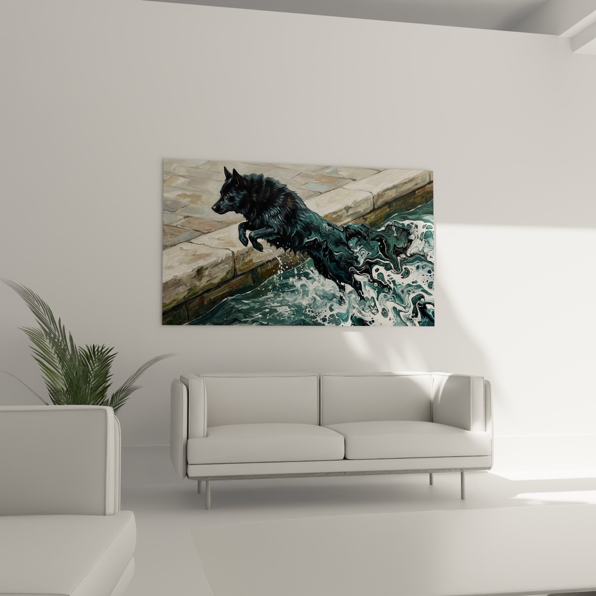 Gros plan peinture schipperke noir plongeant eau verte avec details eclaboussures realistes