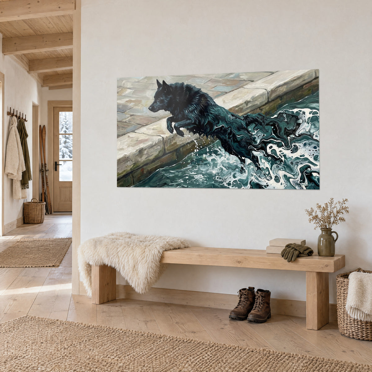 Πίνακας Schipperke σε προφίλ, με το ρύγχος στραμμένο προς την μπεζ πέτρα και τη σμαραγδένια δίνη, σε κρεμ τοίχο εισόδου σε σαλέ