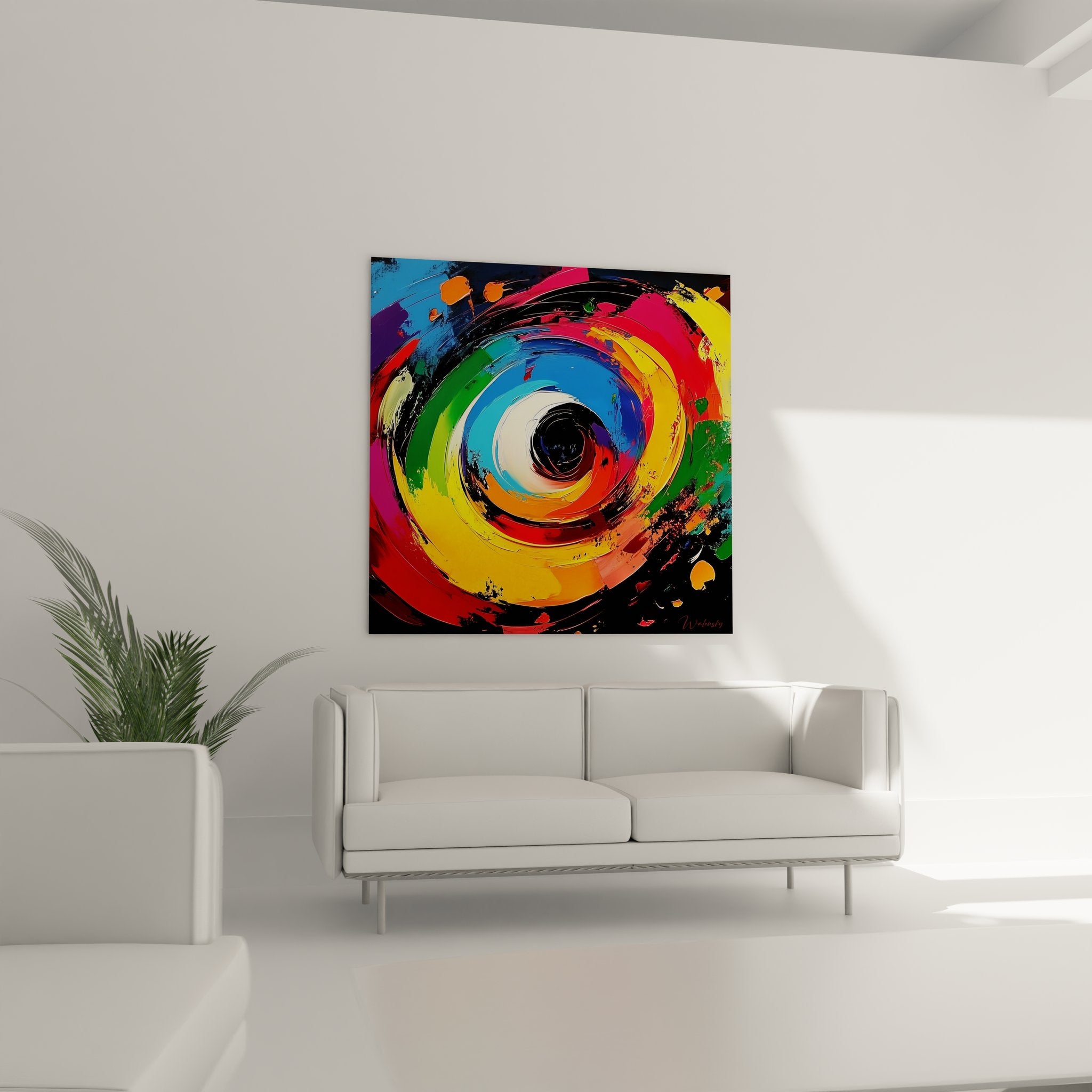 Gros plan détaillé de la peinture spirale abstraite montrant les textures et nuances de couleurs vives