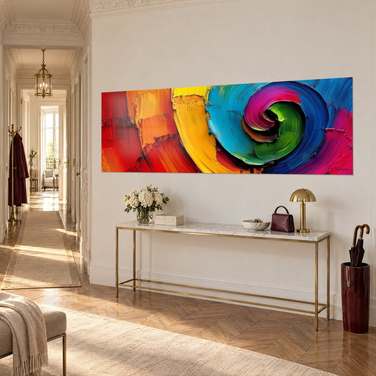 Wall art oil-paint swirl, sunny yellow and vivid red, three-quarter view above a gilded console in the entrance hall