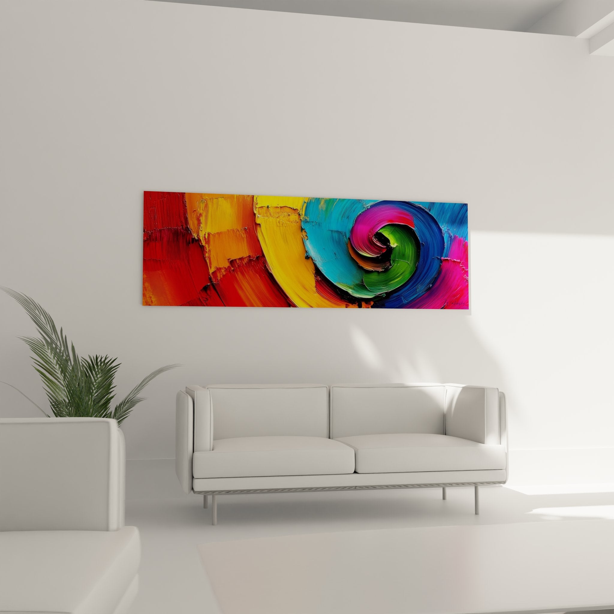 Gros plan peinture abstraite spirale montrant texture empâtée et dégradés colorés vifs