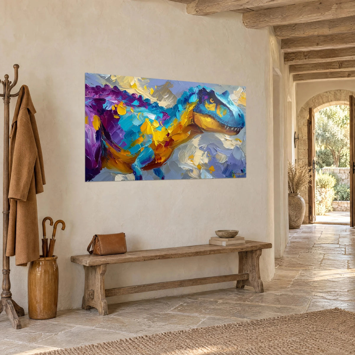 Wall art of a dinosaur painted in thick oil strokes, cyan blue snout, golden belly, lavender-grey background, on a light stone wall
