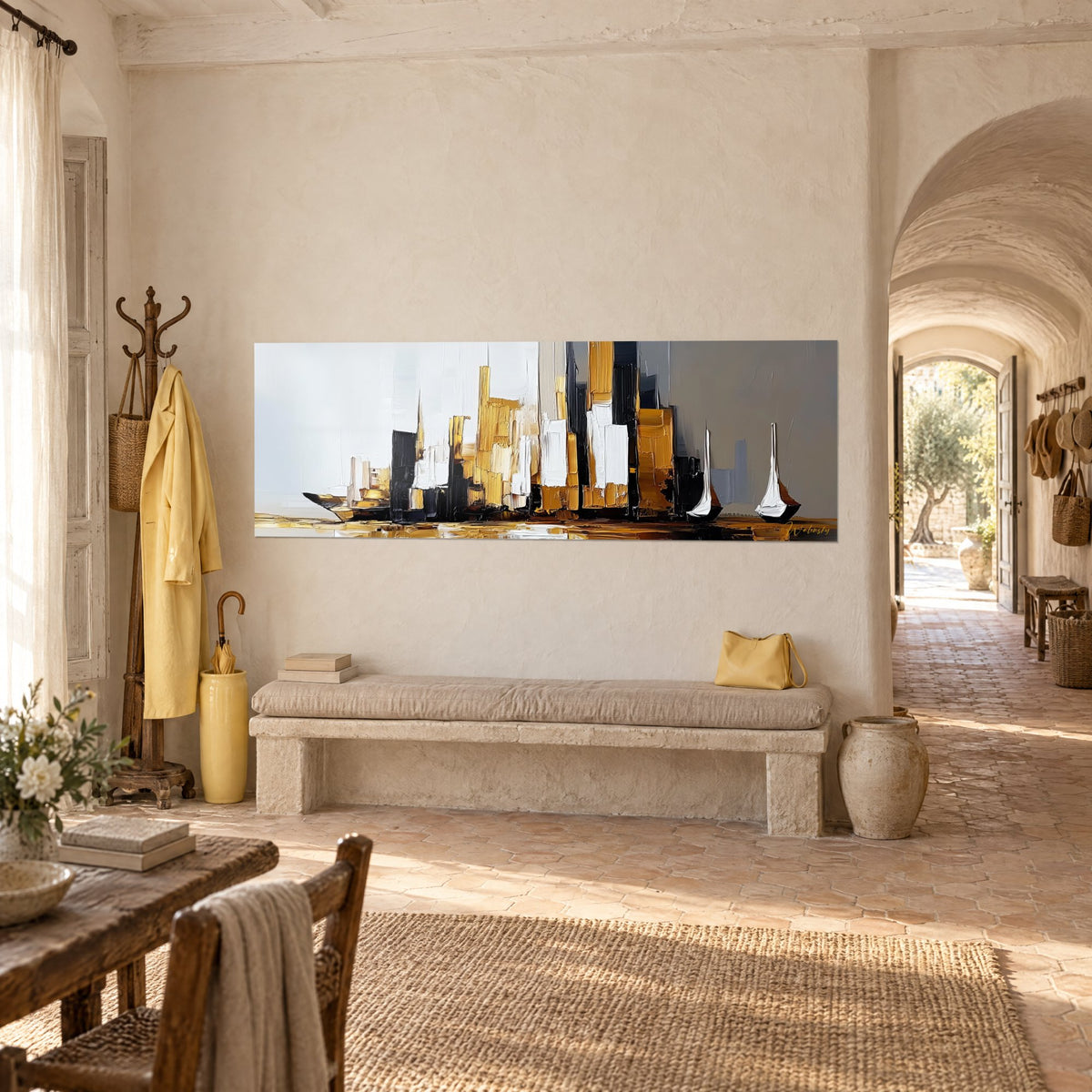 Tableau skyline abstraite aux tours ocre et blanches, deux voiliers à droite, sur un mur de mas provençal en pierre claire