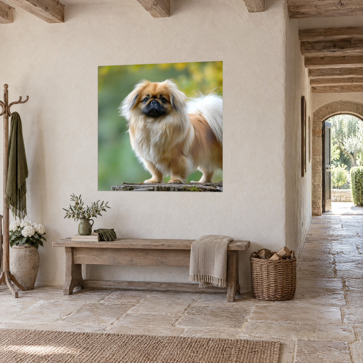 Cuadro perro de melena dorada y fondo verde desenfocado, visto de tres cuartos sobre una pared encalada, casa de campo de piedra