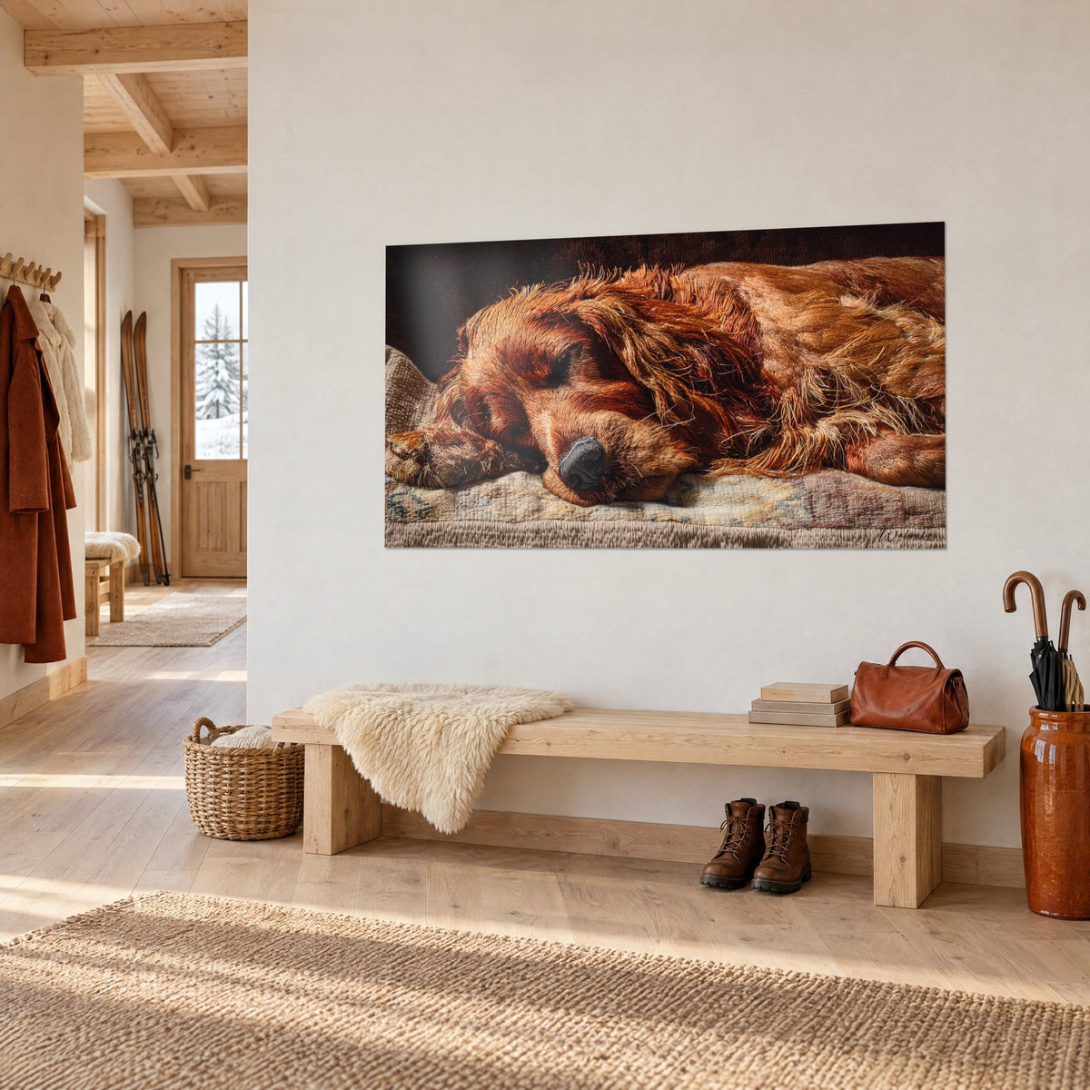 Wall art of a dozing Irish setter, silky mahogany ear and cream embroidered cushion, above a wooden chalet bench