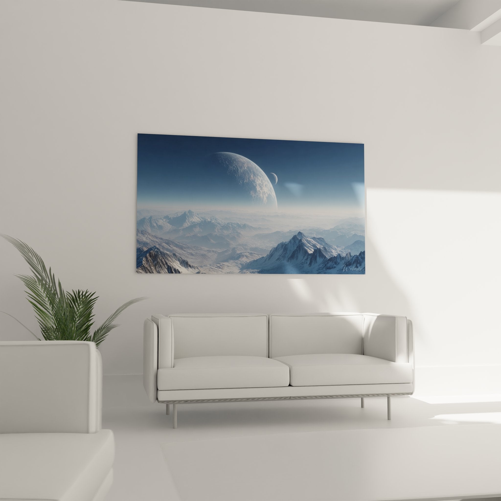 Gros plan détaillé du tableau montrant la planète géante et les reliefs montagneux extraterrestres