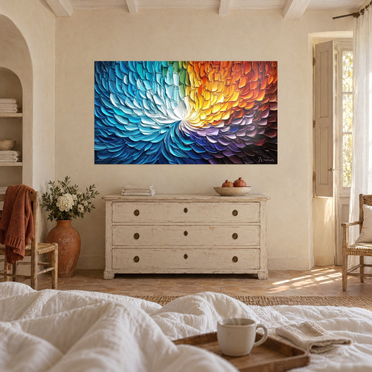Wall art with a prismatic flight in glacier blue and gold, reigns above a bed in a light-filled bedroom