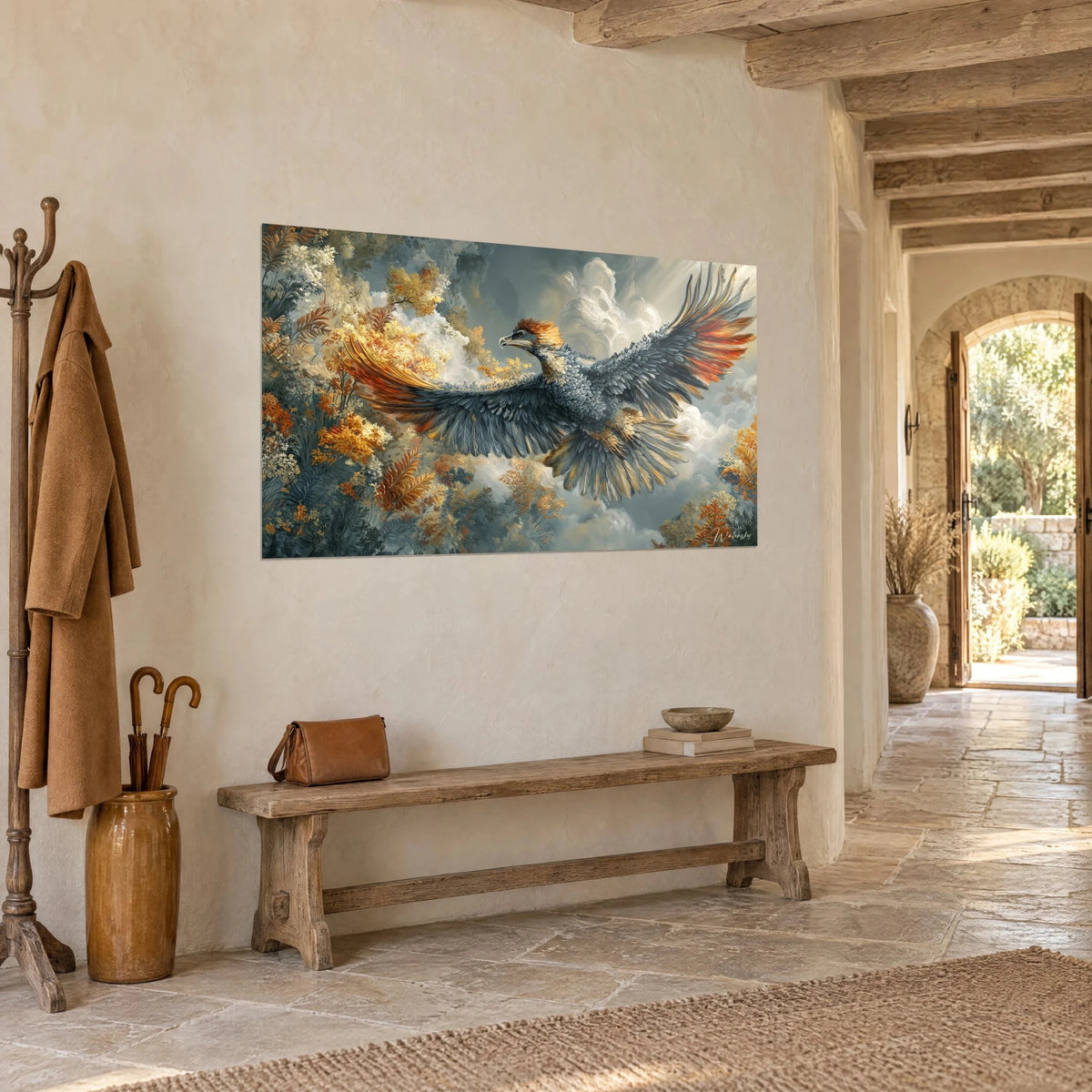 Wall art of an Argentavis gliding among saffron yellow and rust foliage, grey-blue sky, stone corridor of a country house
