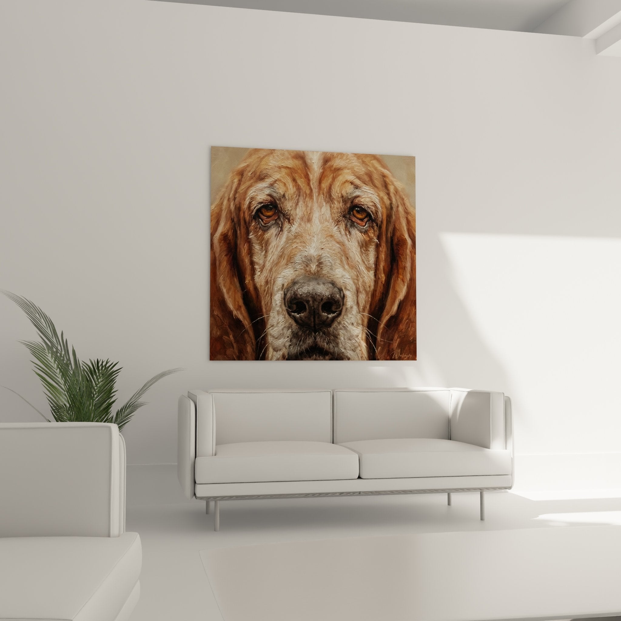 Gros plan portrait basset hound technique picturale realiste details pelage roux truffe noire yeux expressifs