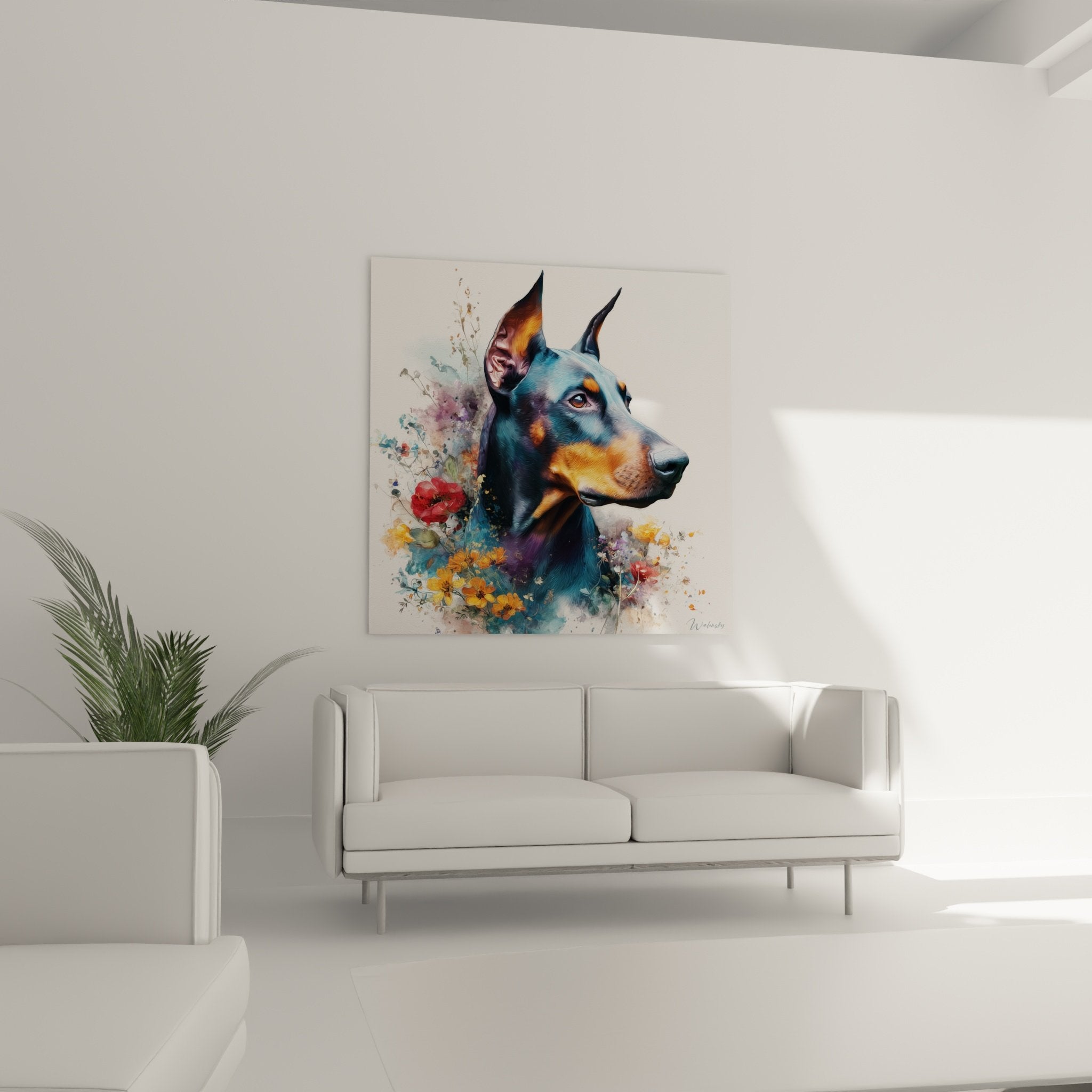 Nahaufnahme-Porträt eines Dobermans in Blautönen mit floralem Aquarelldetail künstlerischer Stil