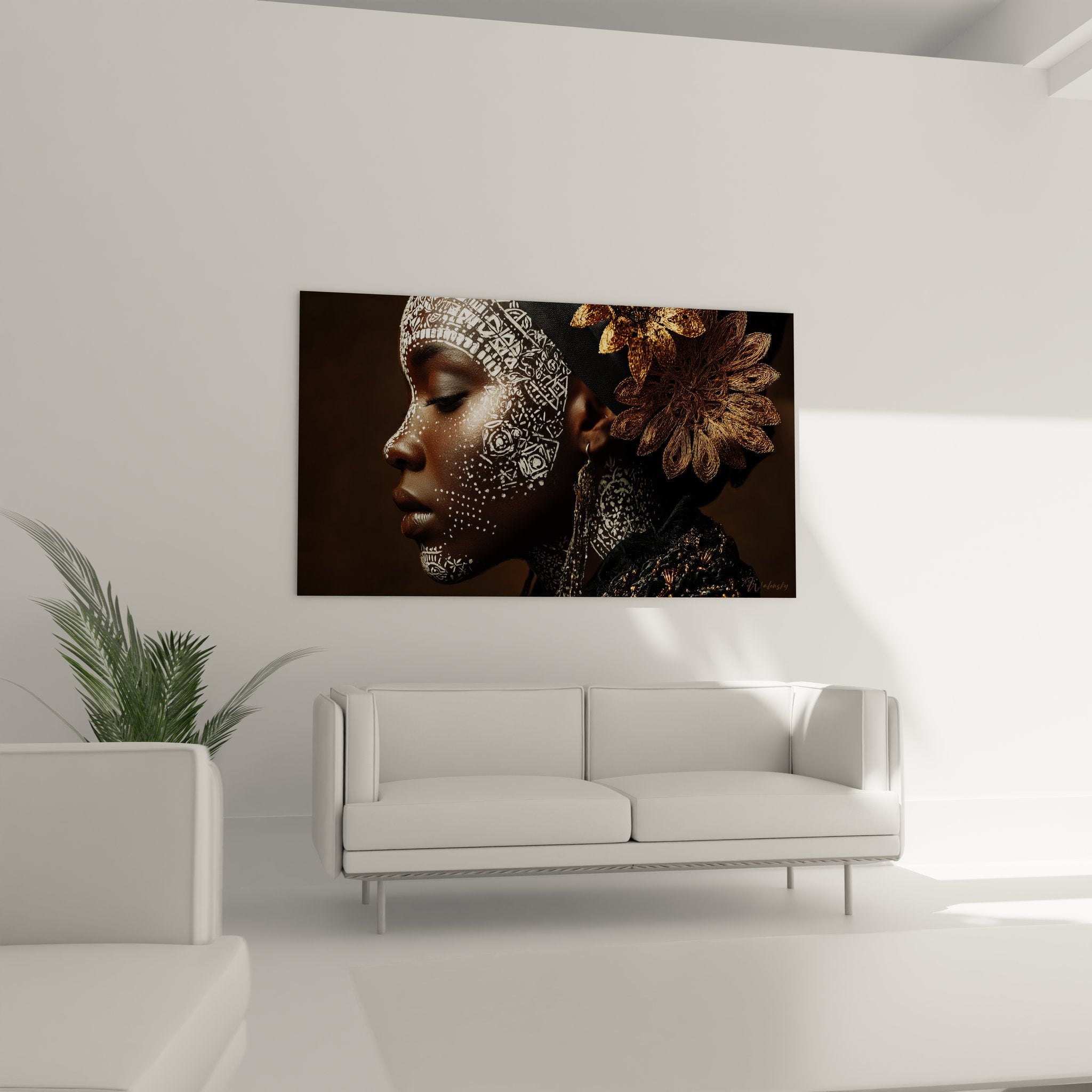 Gros plan portrait femme africaine peintures corporelles dorées motifs géométriques traditionnels