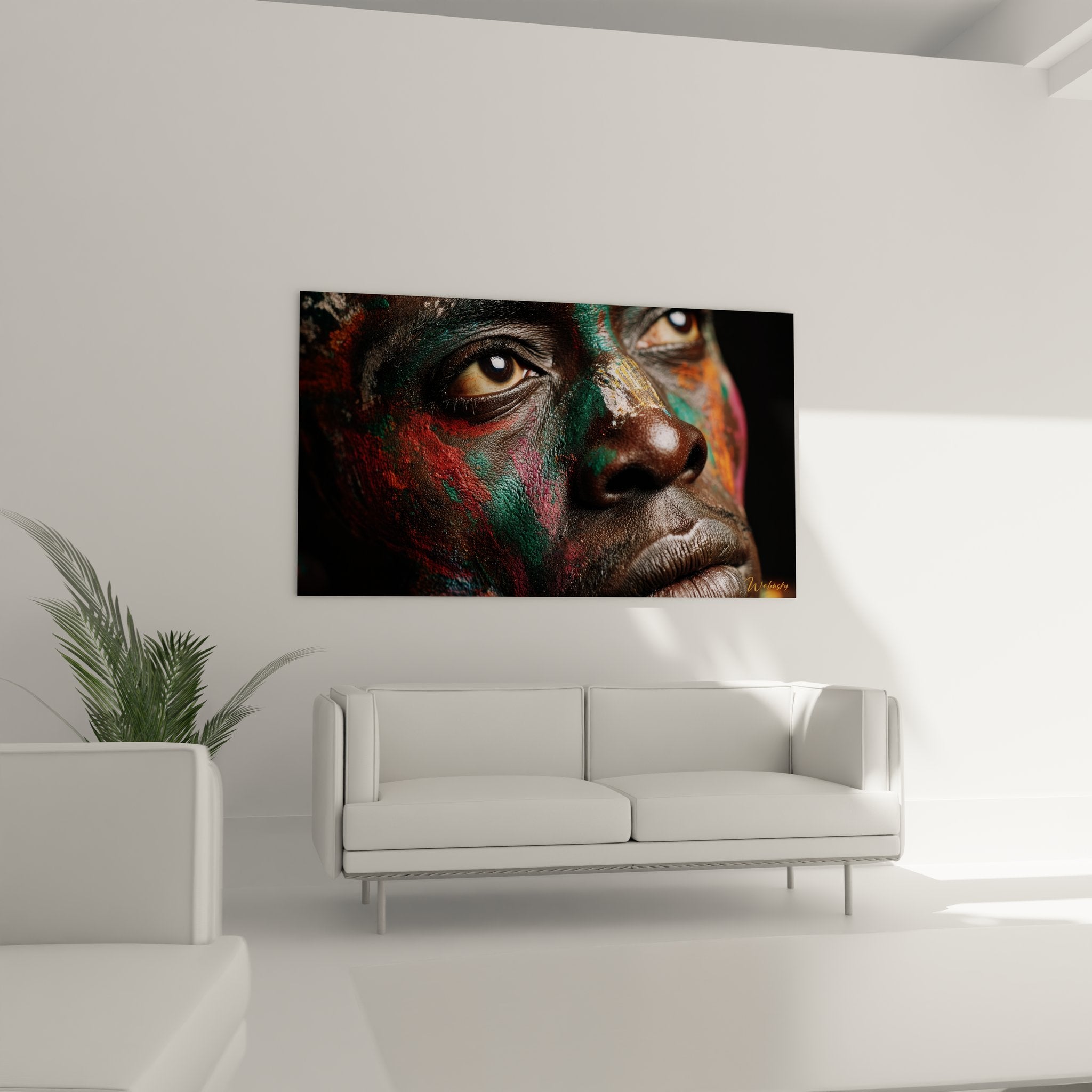 Gros plan tableau portrait femme africaine peintures rituelles colorées yeux dorés art tribal détaillé