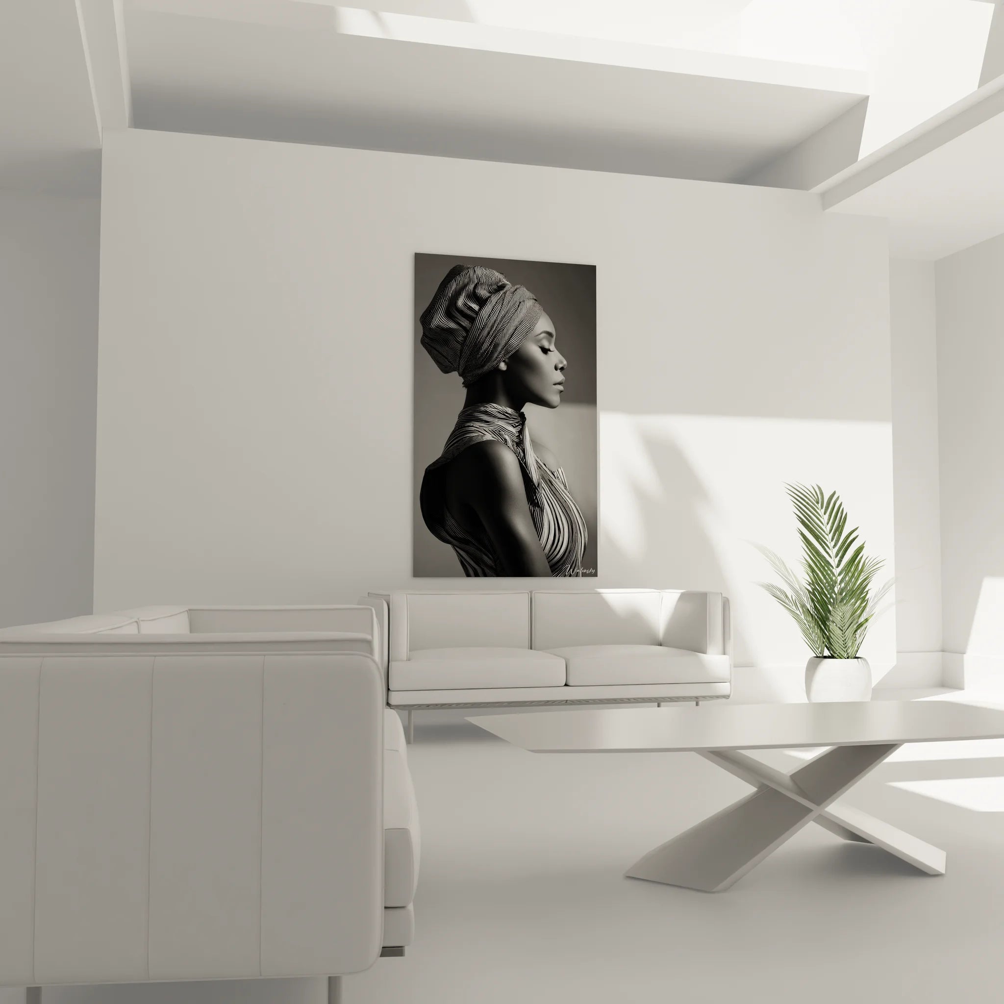 Gros plan tableau portrait femme africaine profil turban motifs géométriques noir blanc
