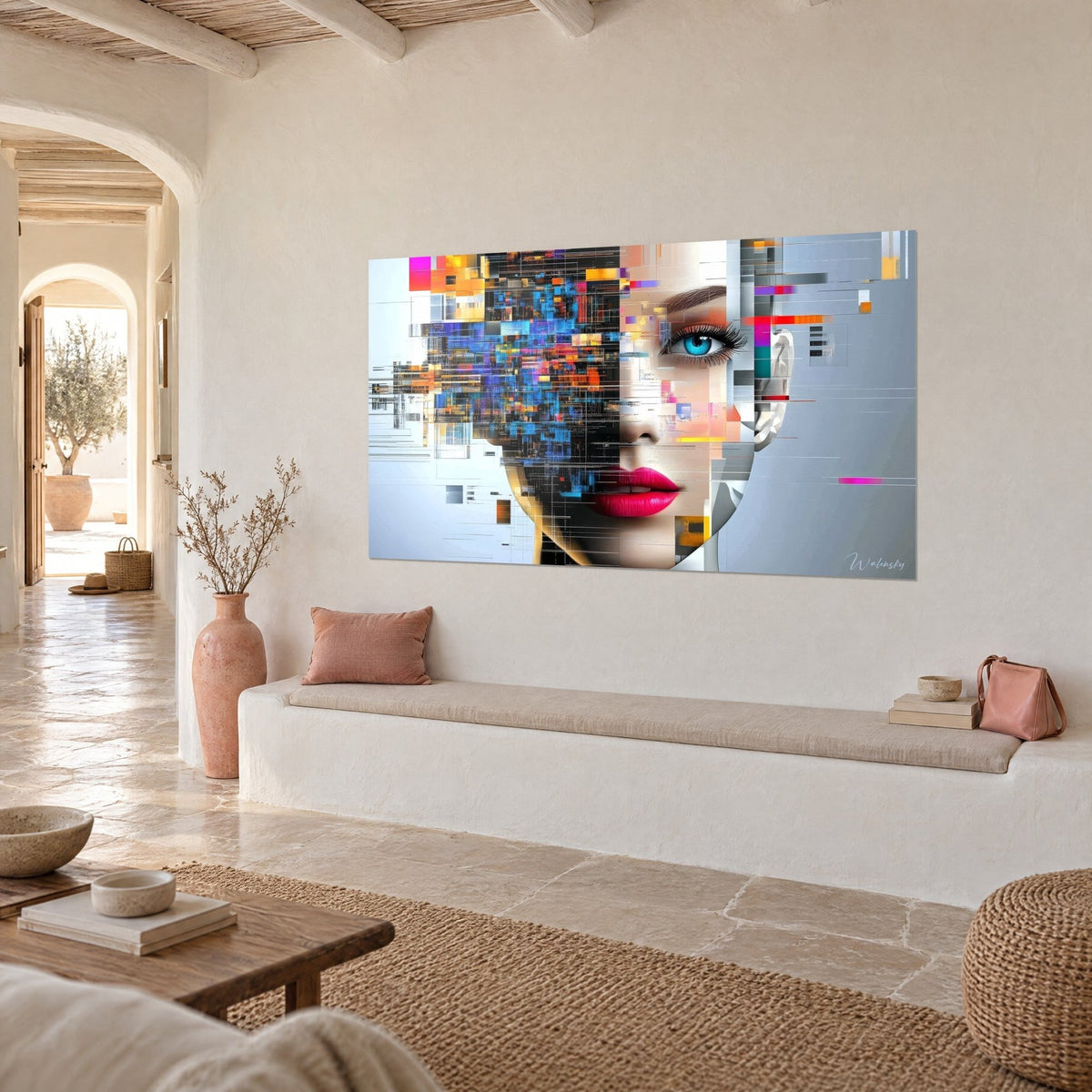 Tableau portrait numérique mi-humain mi-mosaïque, bleu cobalt et jaune safran, lèvres roses, vu de trois quarts, mur crème