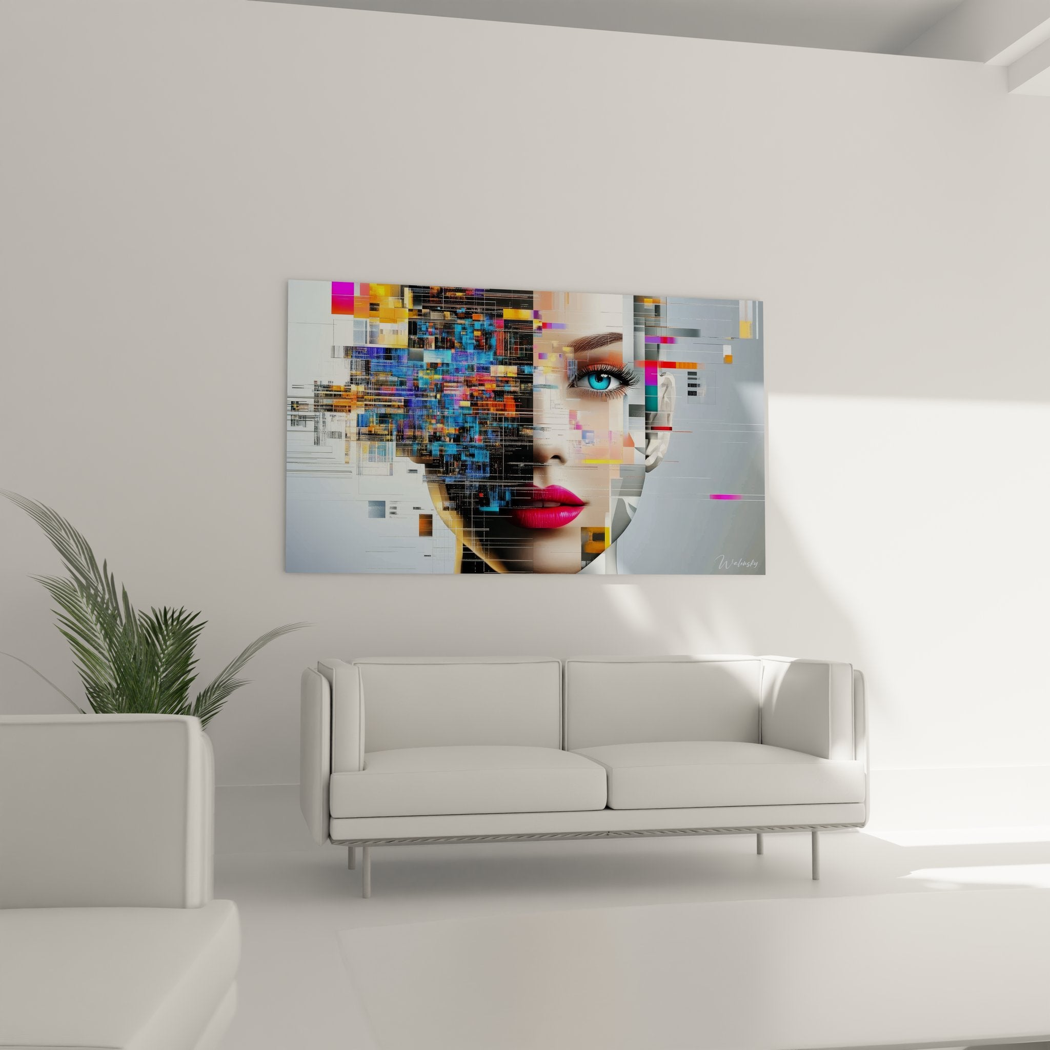 Gros plan tableau portrait femme digitale pixels multicolores détails artistiques