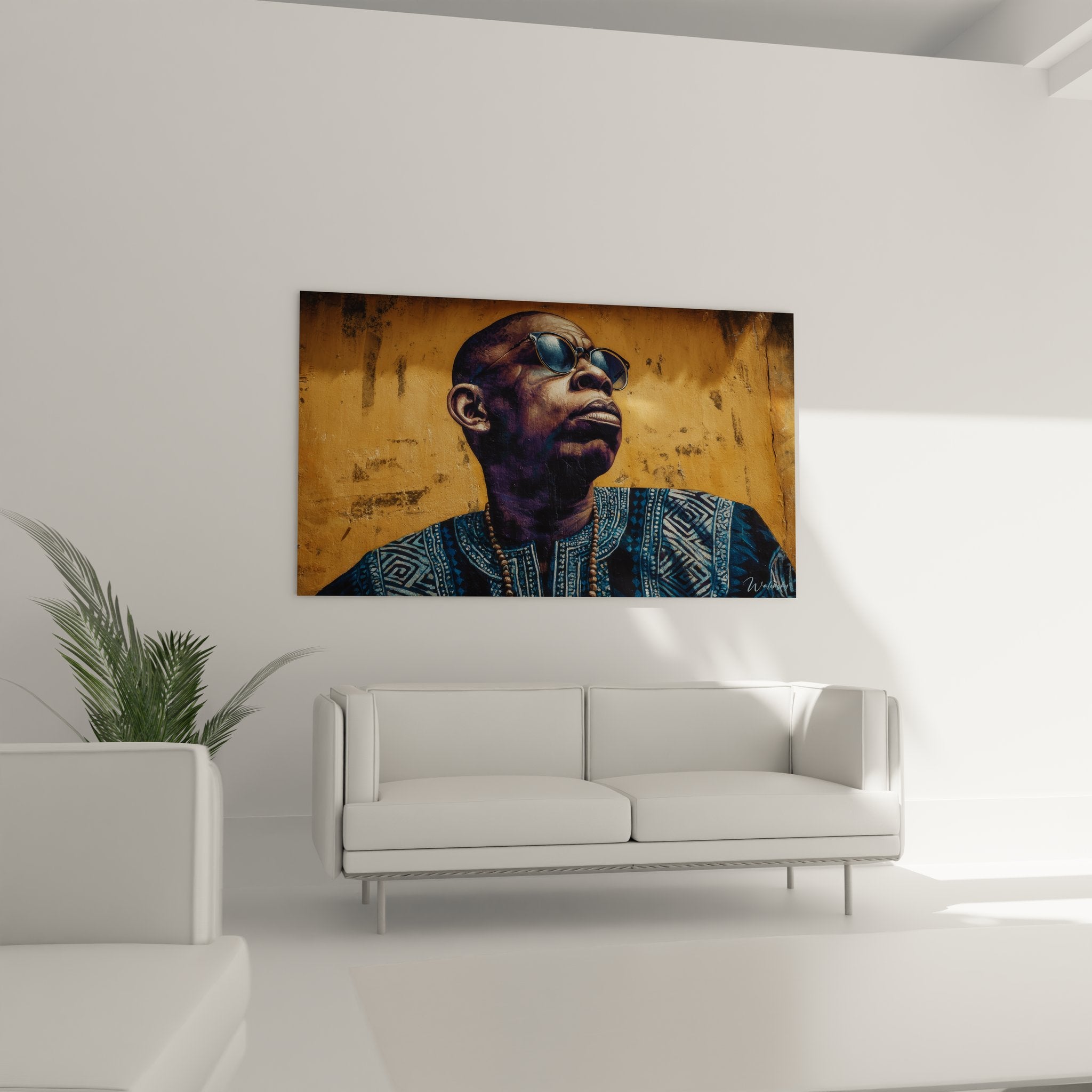 Gros plan tableau portrait homme africain lunettes montrant détails visage et motifs traditionnels