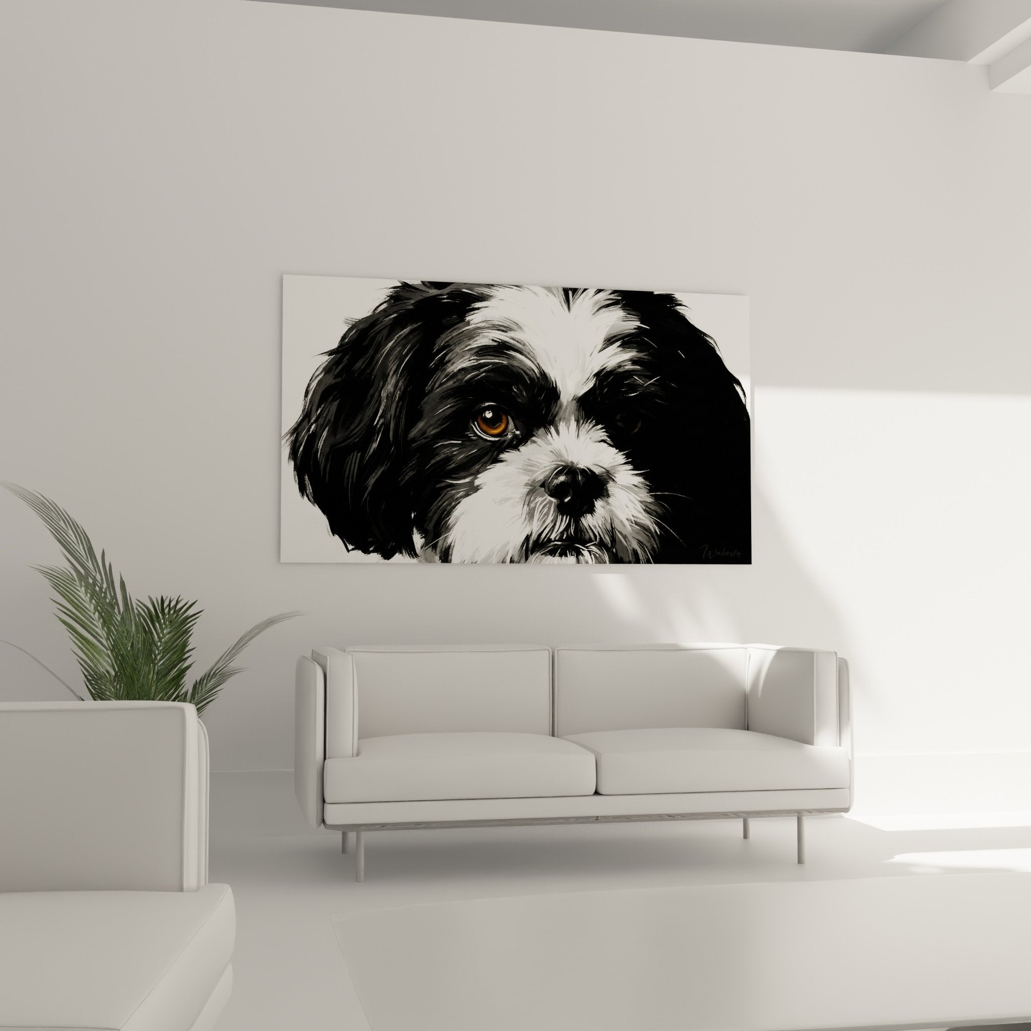 Primo piano ritratto Shih Tzu mantello bianco e nero occhi dorati pittura artistica dettaglio pelliccia