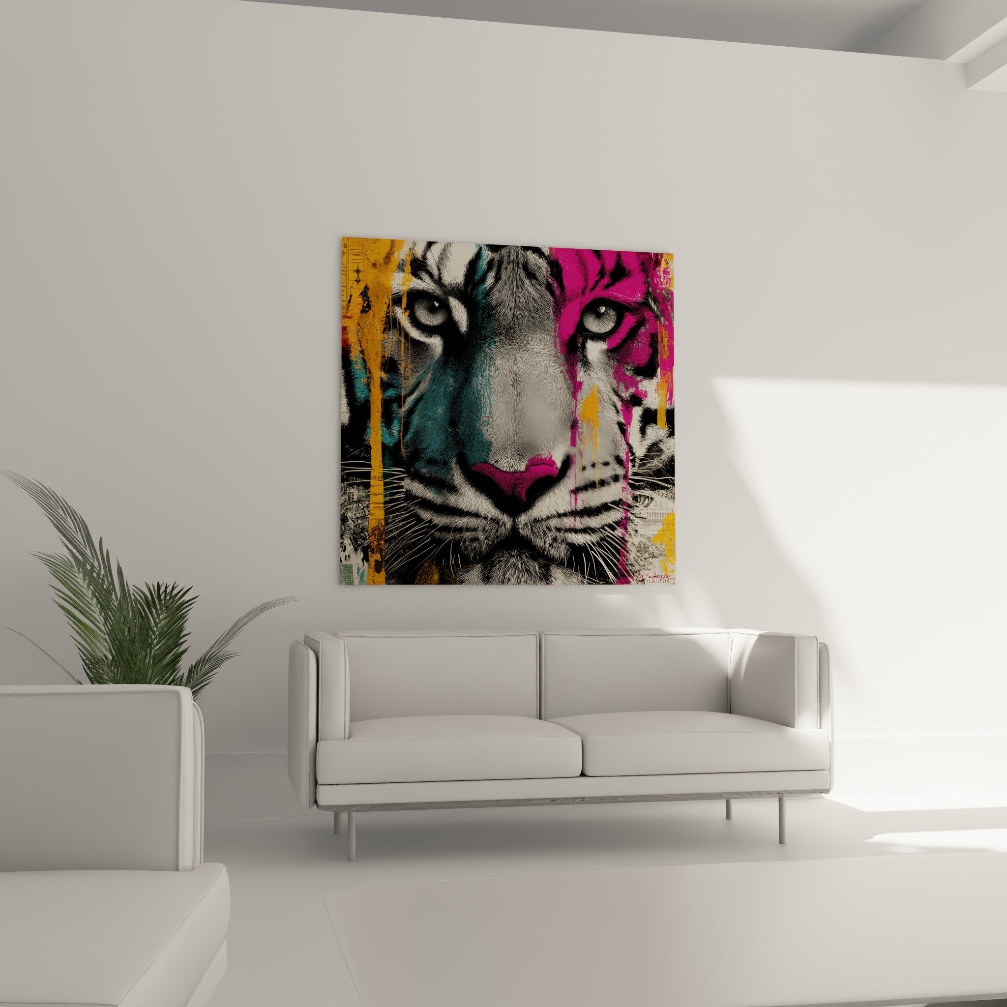 Nahaufnahme intensiver Blick Tiger Porträt künstlerisch, durchdringende Augen und lebendige Farben Fuchsia Orange