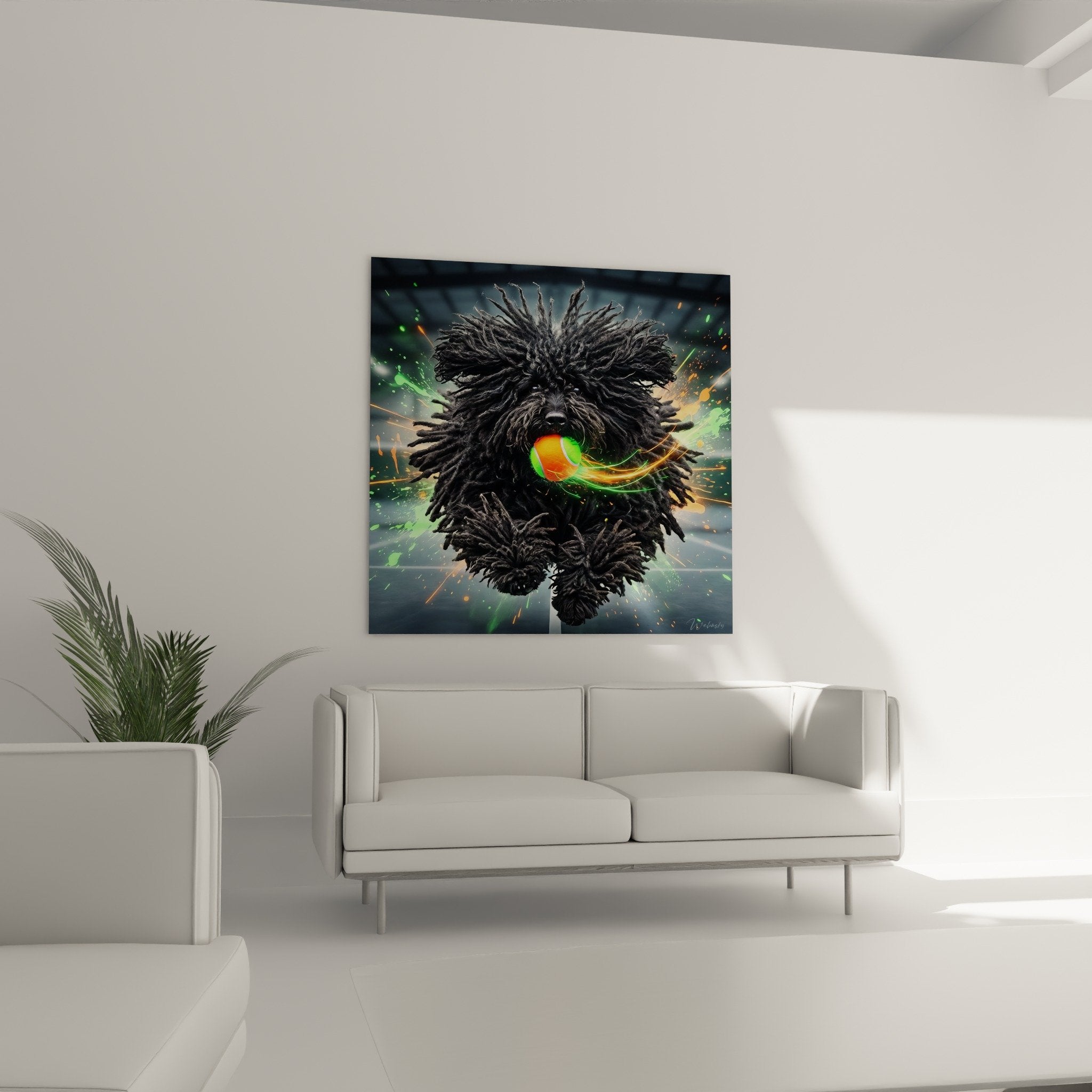 Gros plan sur le Puli aux dreadlocks tenant sa balle colorée avec particules lumineuses en arrière-plan