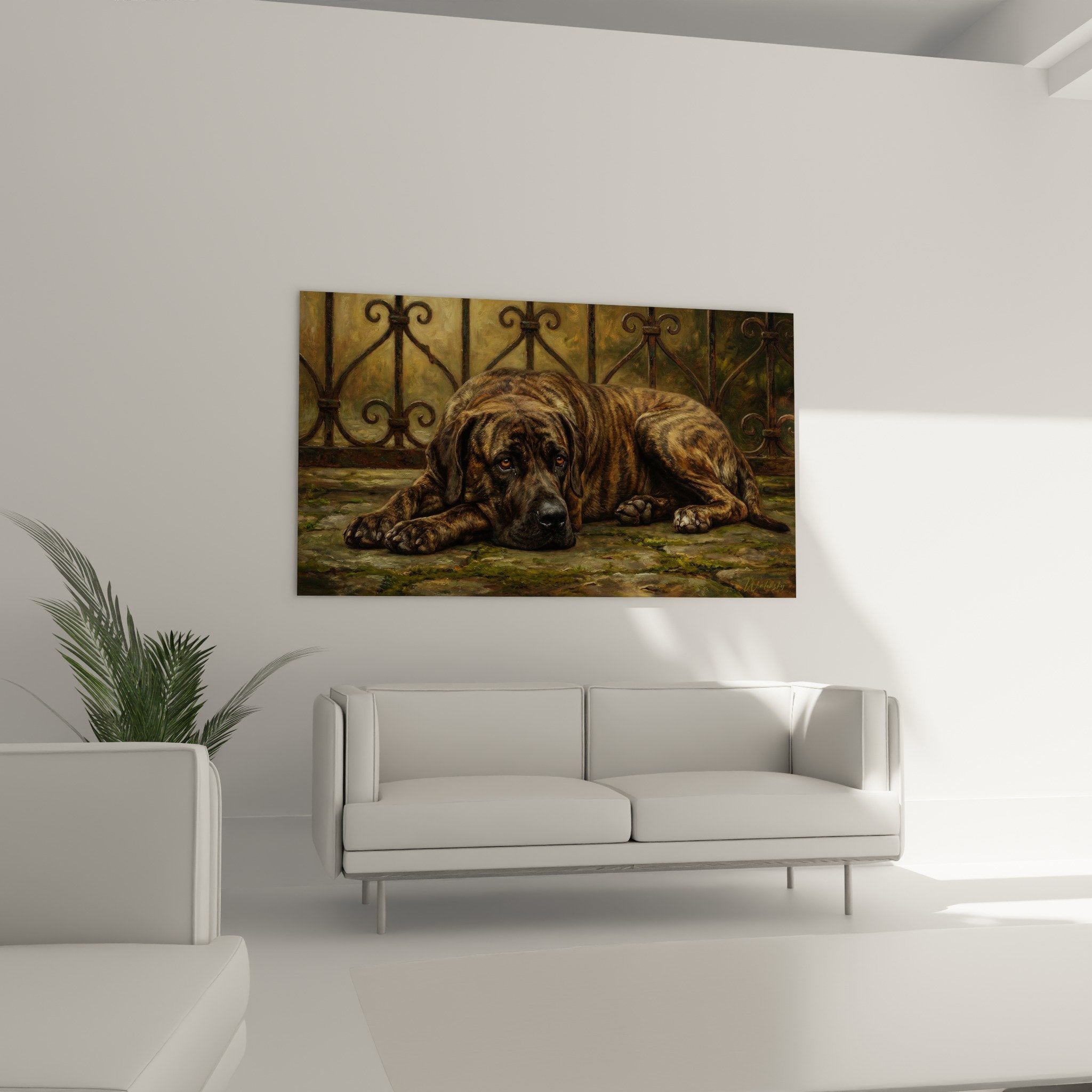 Gros plan regard ambré mélancolique Fila Brasileiro robe bringée nuances fauves dorées brunes