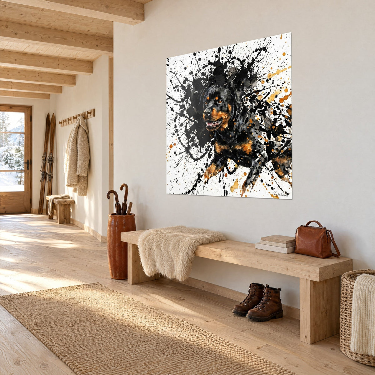 Wall art tawny and black dog surrounded by ochre ink drops, hung at an angle in the entrance of a wooden chalet