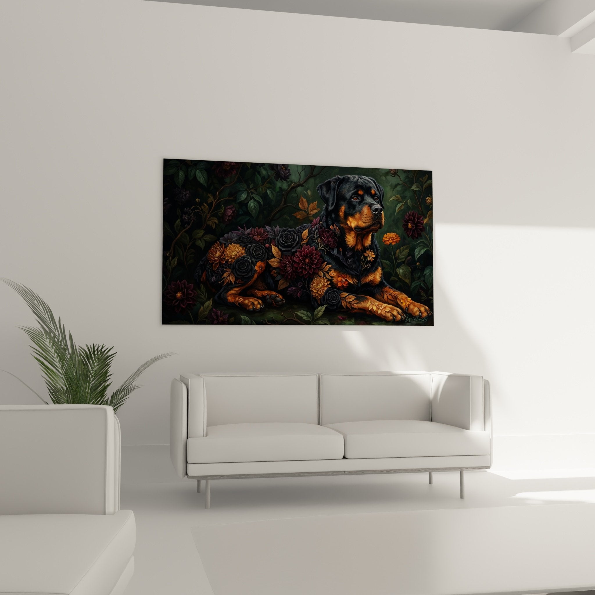 Close-up detail of Rottweiler with amber eyes surrounded by black roses, realistic painting with copper-golden coat