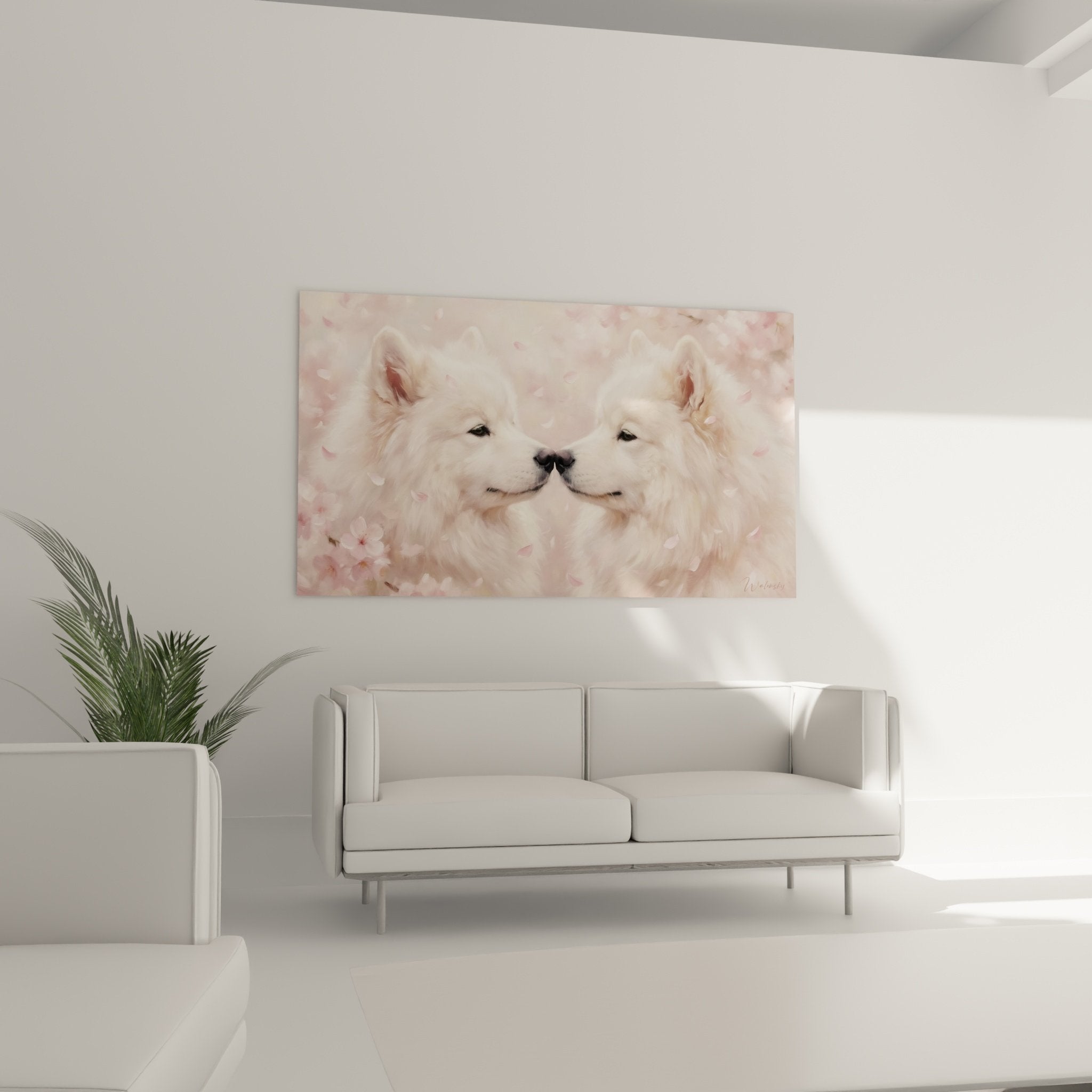 Gros plan tableau deux Samoyèdes blancs contact museau à museau pétales cerisier flottants roses