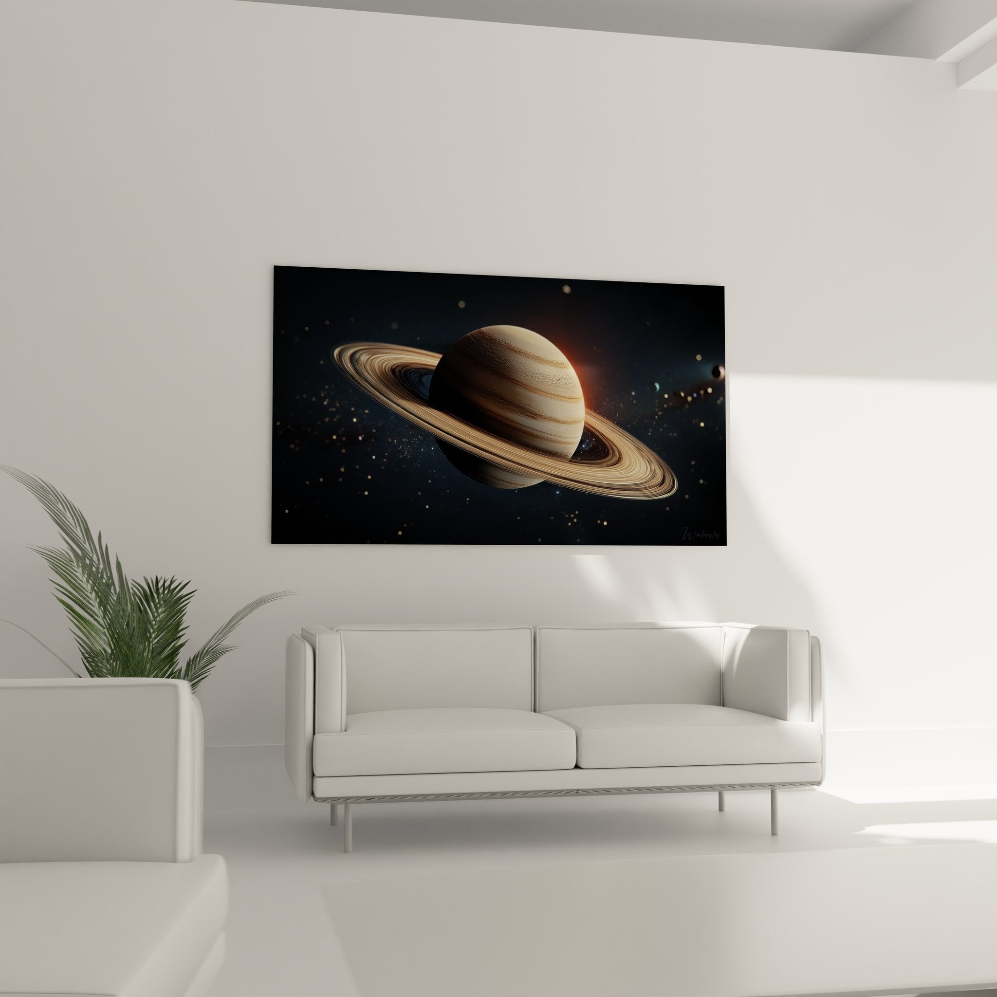 Gros plan tableau Saturne détails anneaux planétaires art astronomique doré