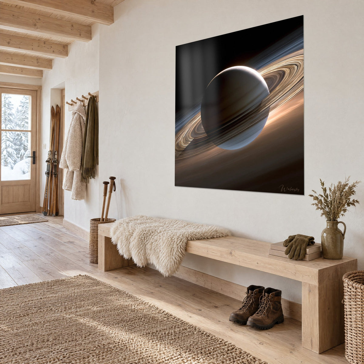 Quadro di Saturno illuminato a mezzaluna, anelli dorati e blu acciaio su nero notte, parete bianca di un ingresso in stile chalet
