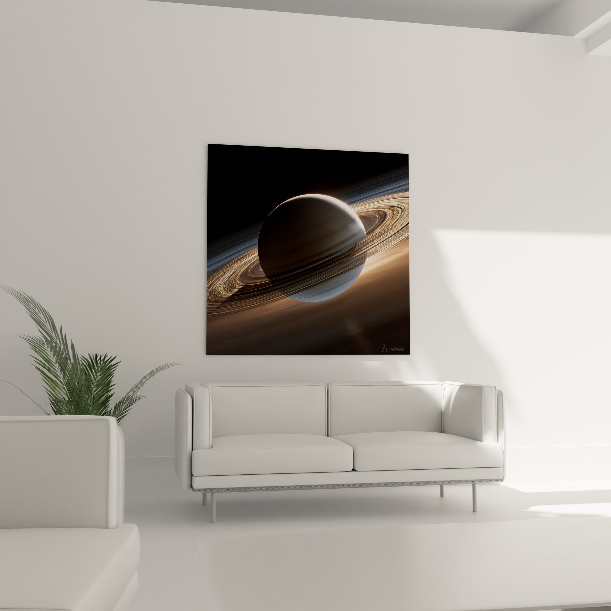 Gros plan tableau Saturne détail anneaux dorés cuivrés - art planétaire haute définition