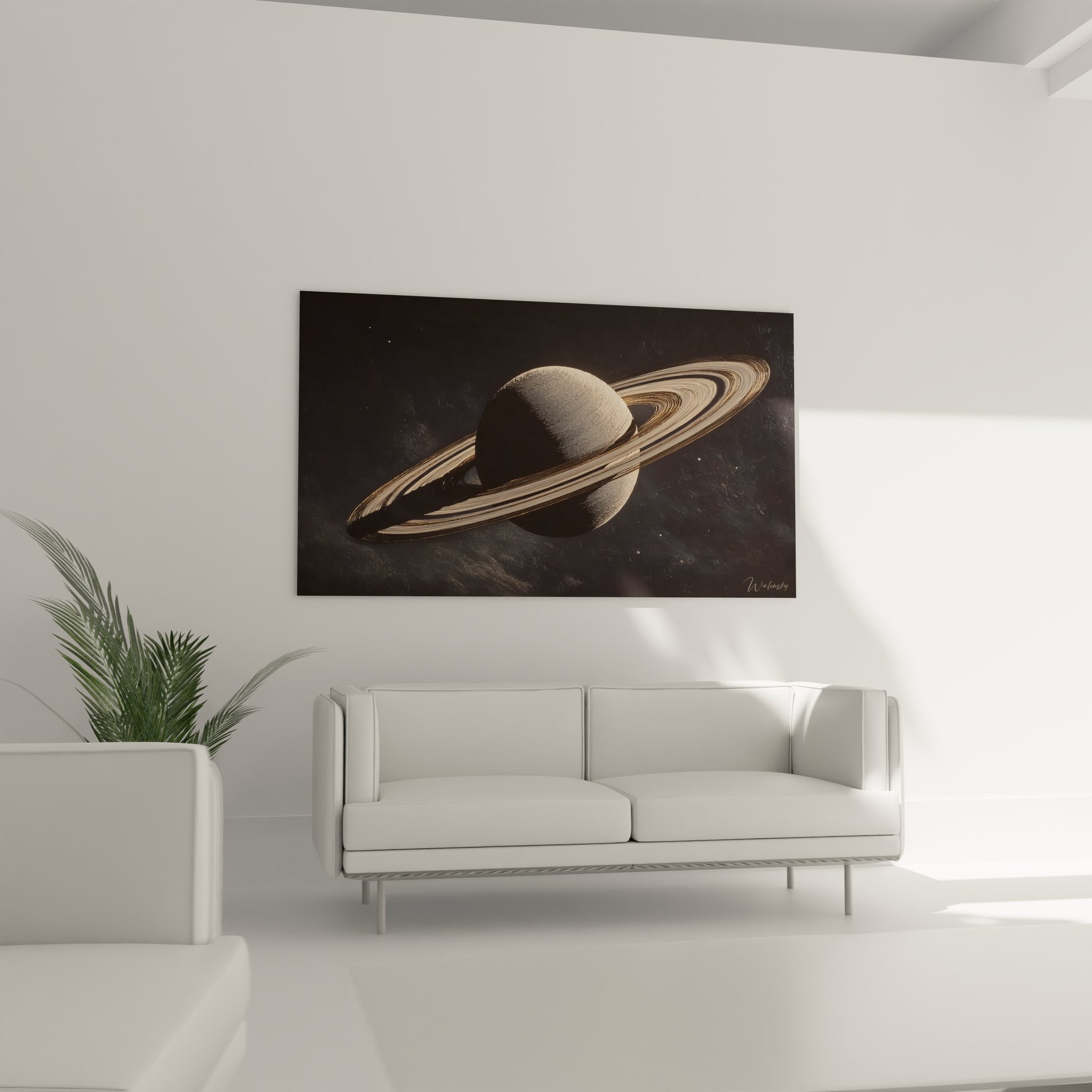 Gros plan tableau Saturne, détails anneaux dorés et texture planétaire artistique