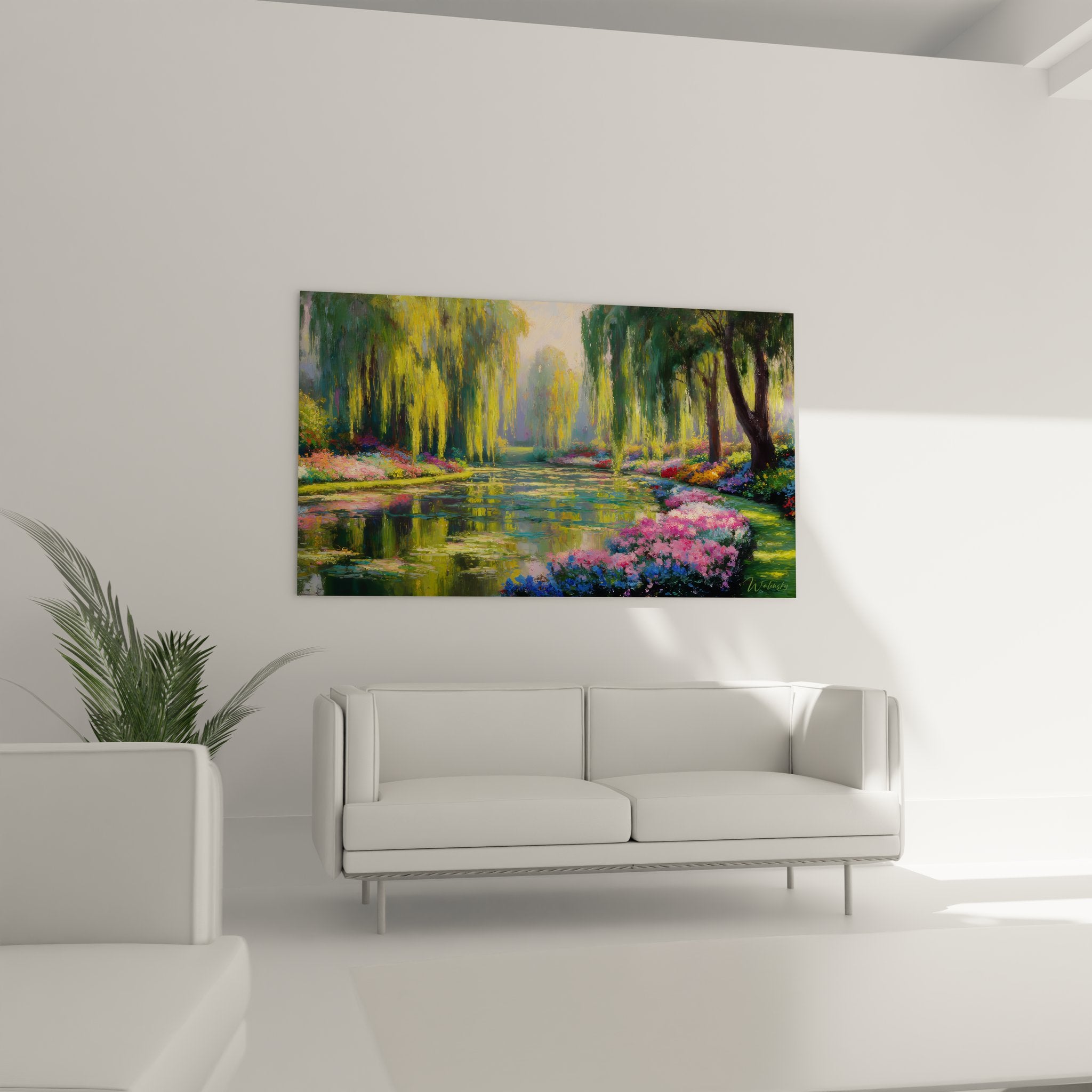 Gros plan peinture saules pleureurs détails fleurs roses violettes bassin reflets