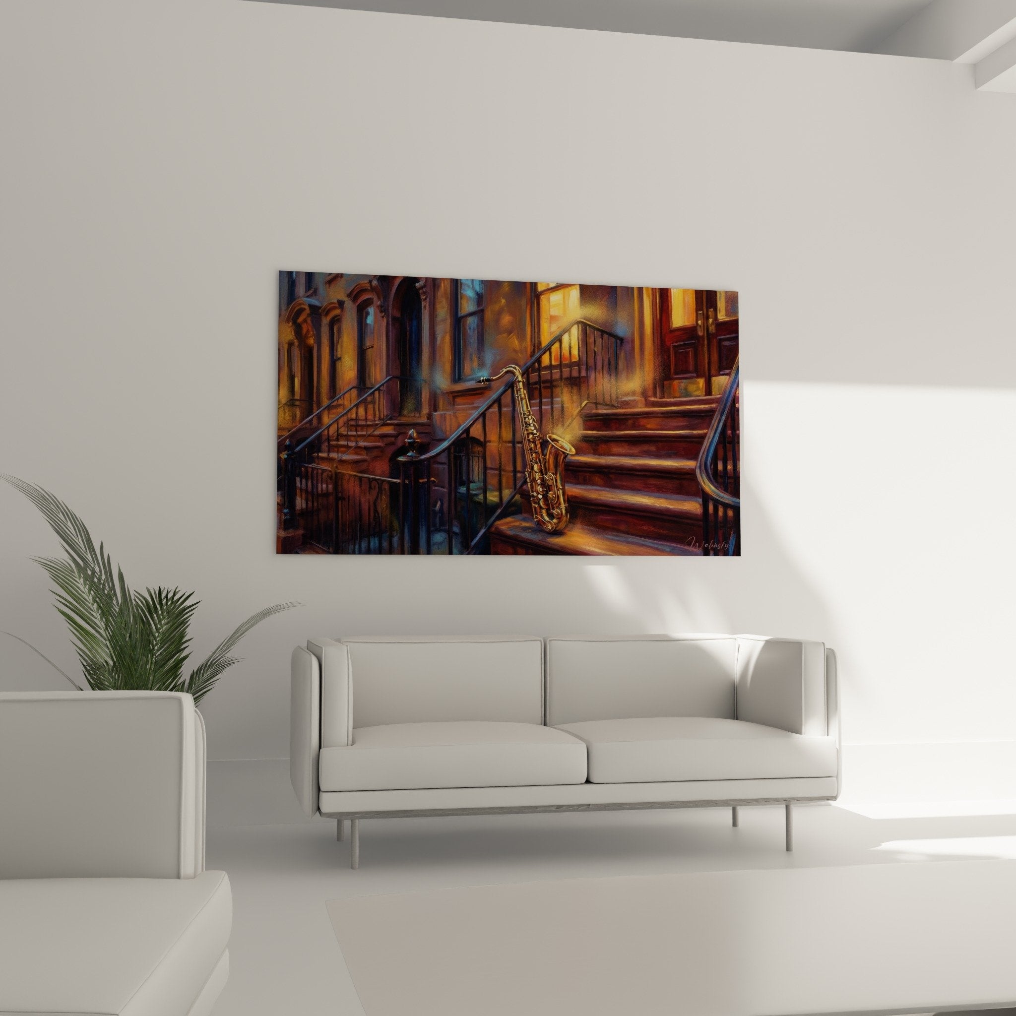 Gros plan saxophone dore reflets lumineux marches pierre brownstone art musical urbain