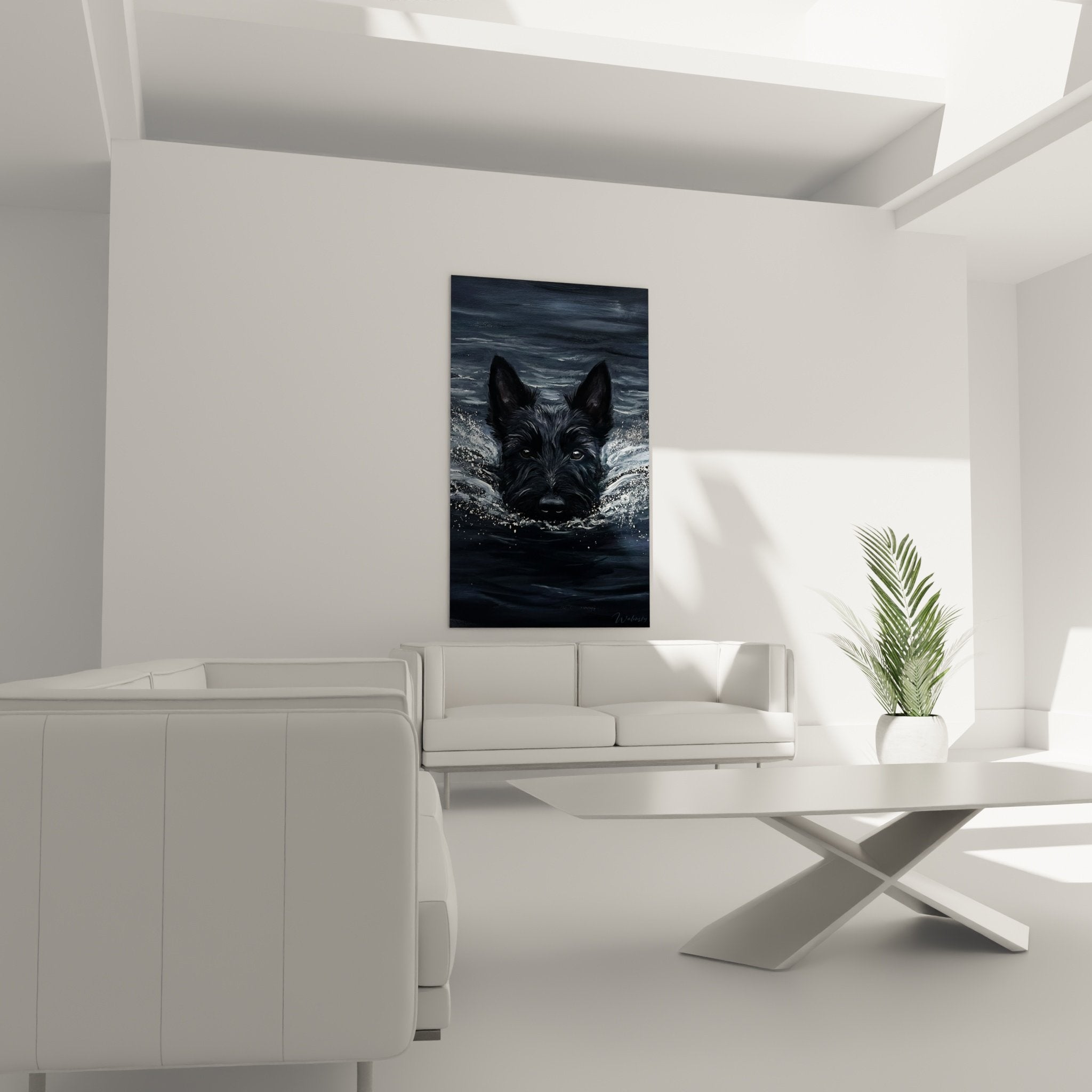 Gros plan Scottish Terrier expression determinee nageant eau sombre reflets lumineux