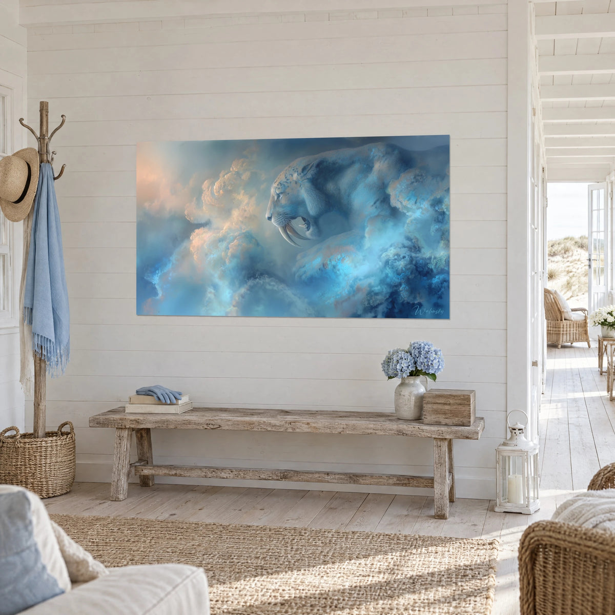 Wall art saber-toothed cat emerging from an azure and salmon pink mist, facing a weathered light wood bench