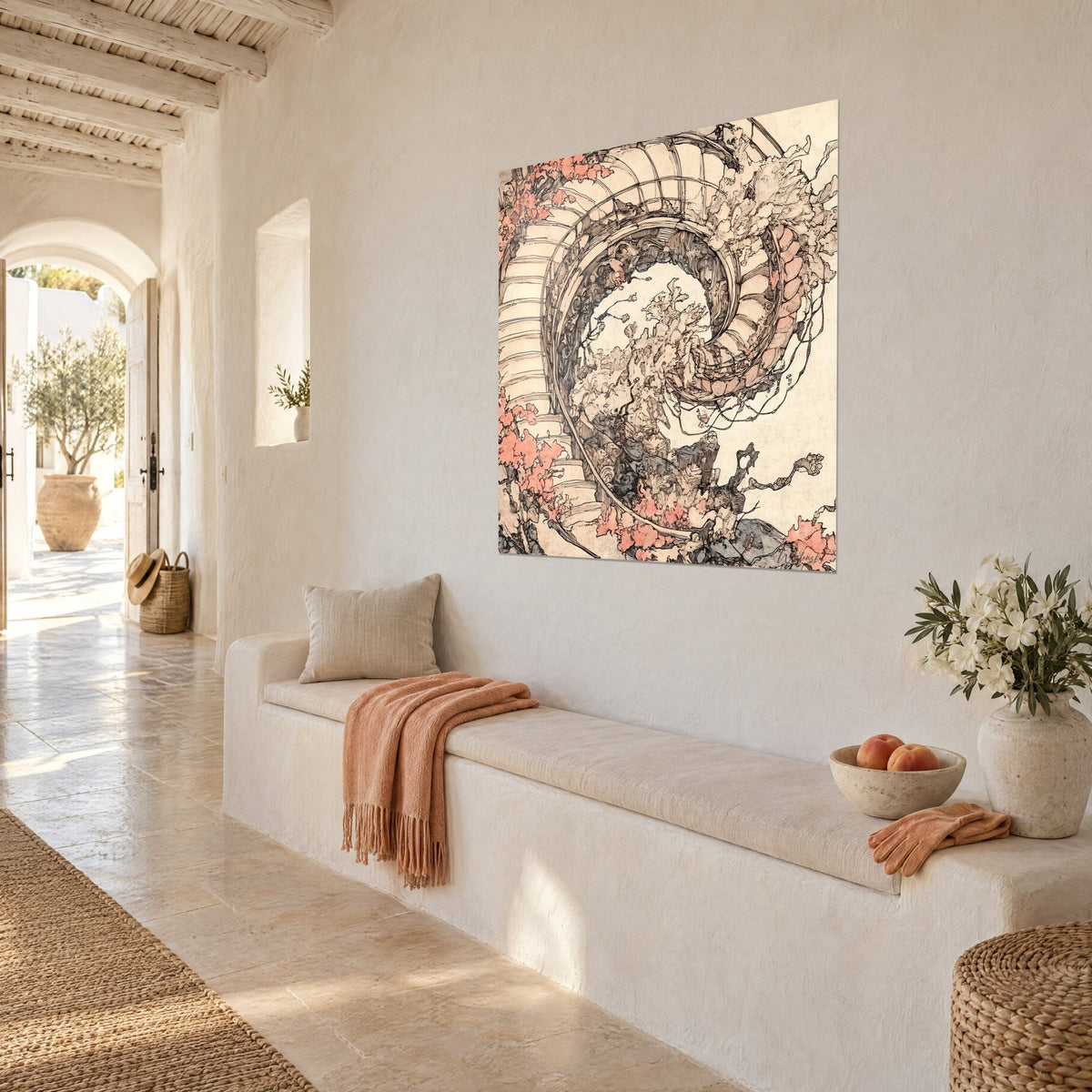 Wall art of a floral vortex drawn in brown swirls on ivory paper, salmon touches, hung above a white bench seat