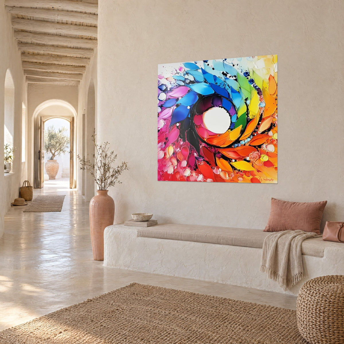 Wall art with an abstract blossom of yellow, green and fuchsia petals around a white circle, arched hallway, three-quarter view
