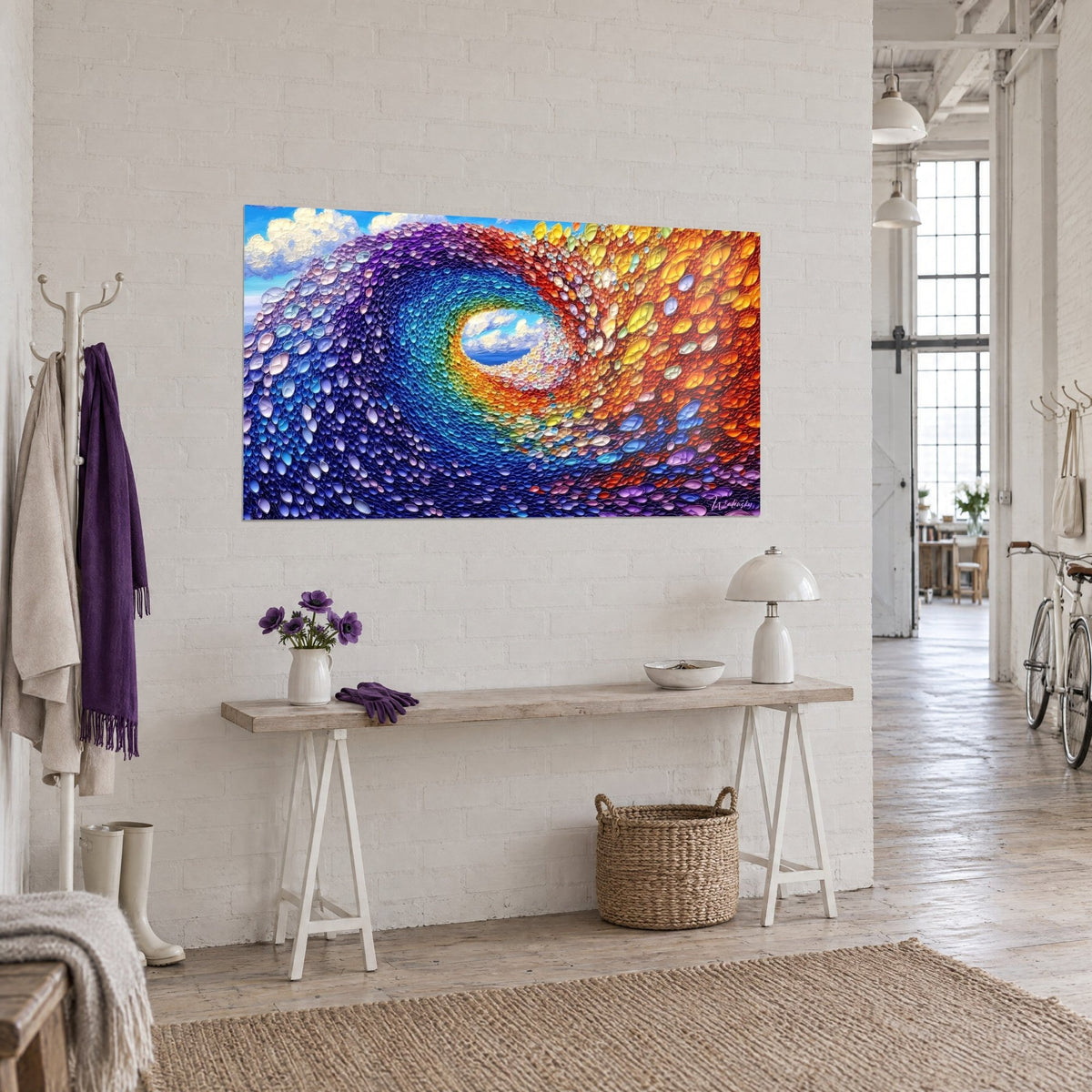 Wall art with an iridescent scale tunnel in cobalt blue and golden yellow, white clouds at the centre, wooden console, artist loft