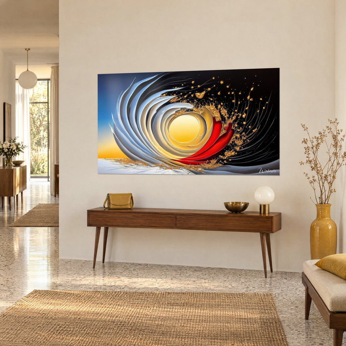 Wall art with a vortex of light, silver swirls around a yellow sun and gold sparks, on a beige hallway wall