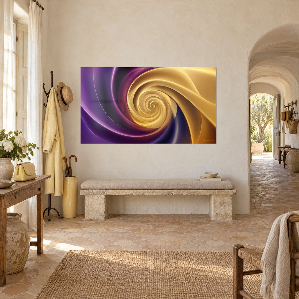 Schilderij met een stralende draaikolk van honinggele en pruimkleurige linten, gekalkte muur en stenen bank, driekwartzicht in een Provençaals landhuis