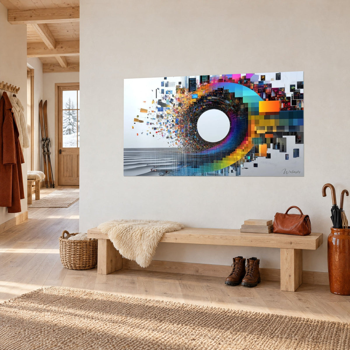 Wall art of a digital vortex in purple and yellow mosaic, striped grey sea at the bottom, white wall of an entrance in light wood