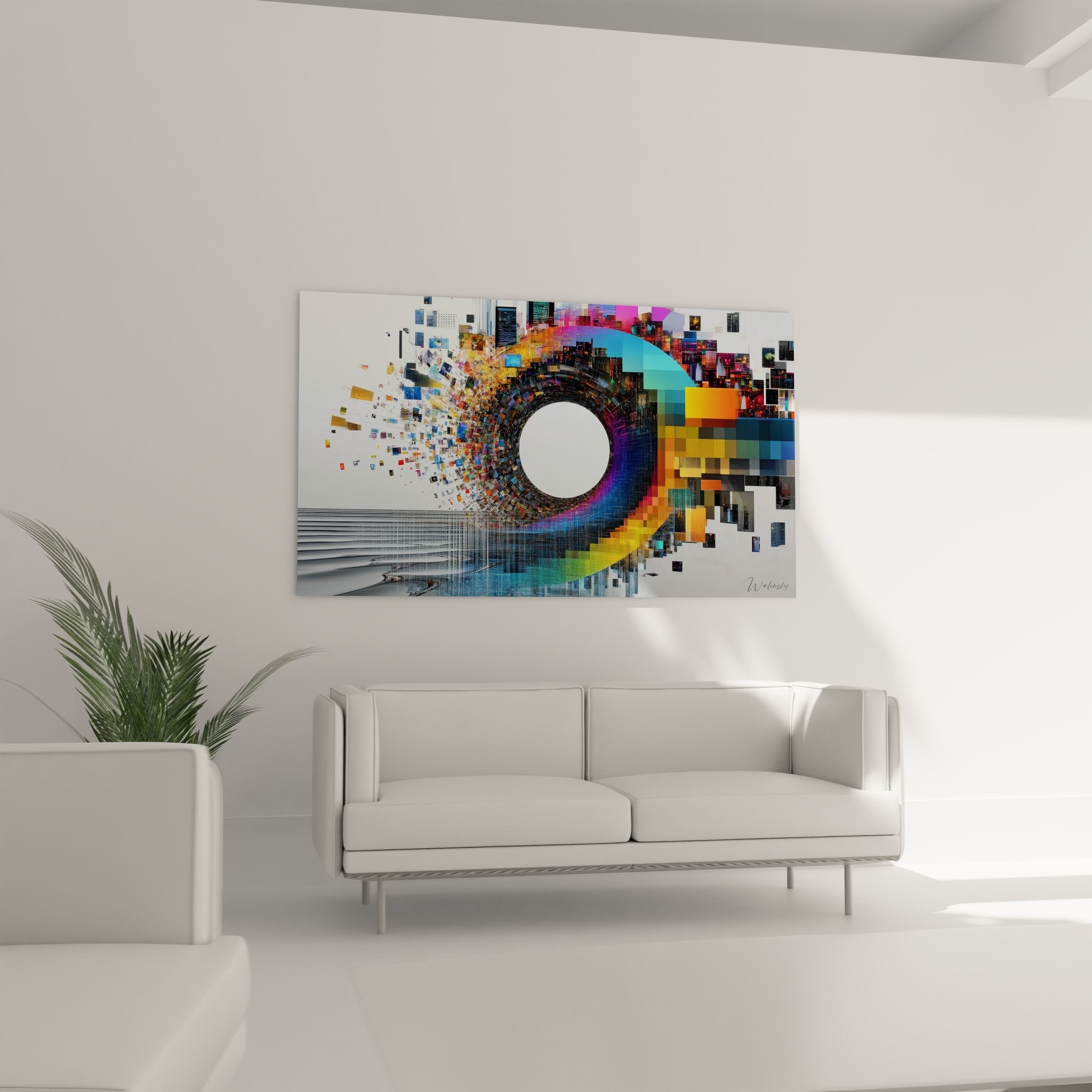 Gros plan détaillé spirale pixels colorés effet digital art mural abstrait moderne