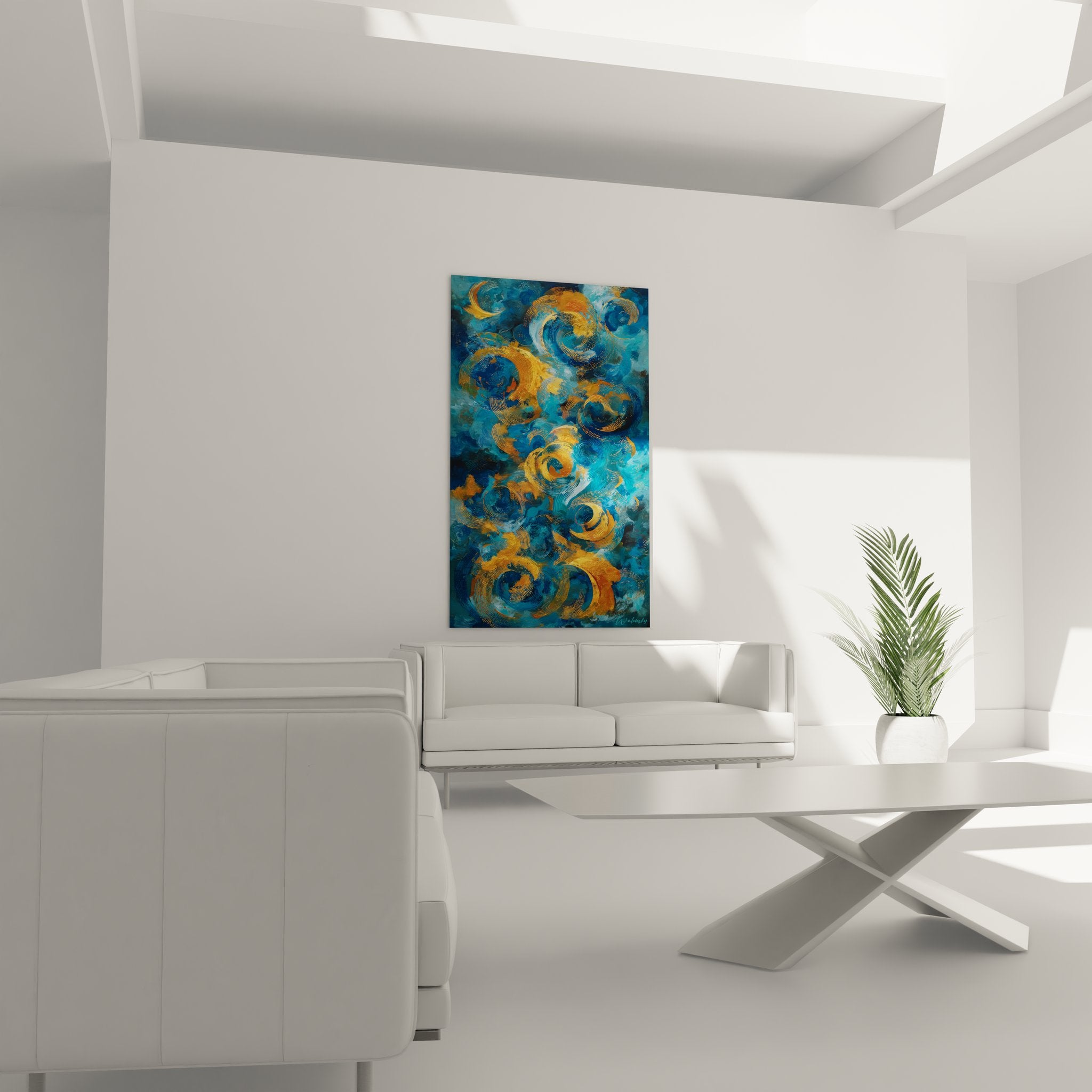 Gros plan texture spirales dorées et bleues, détail peinture abstraite contemporaine
